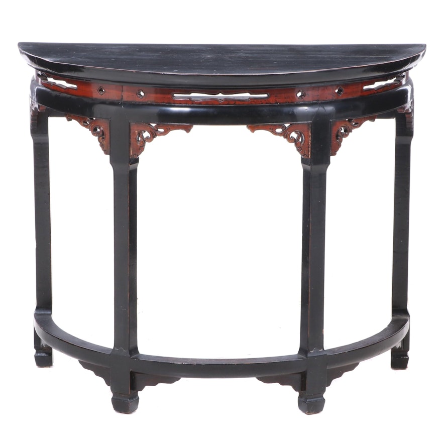 Chinese Black and Red Lacquered Demilune Console Table