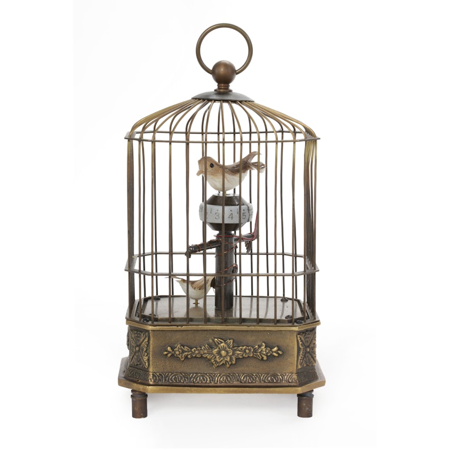 Singing Birds in Cage Automaton Brass Music Box, Mid-20th Century