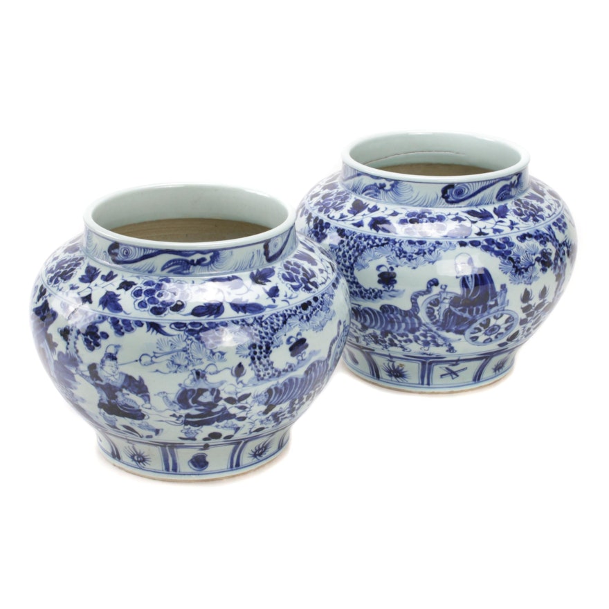 Chinese Blue and White Qinghua Piling Painted Jardinières