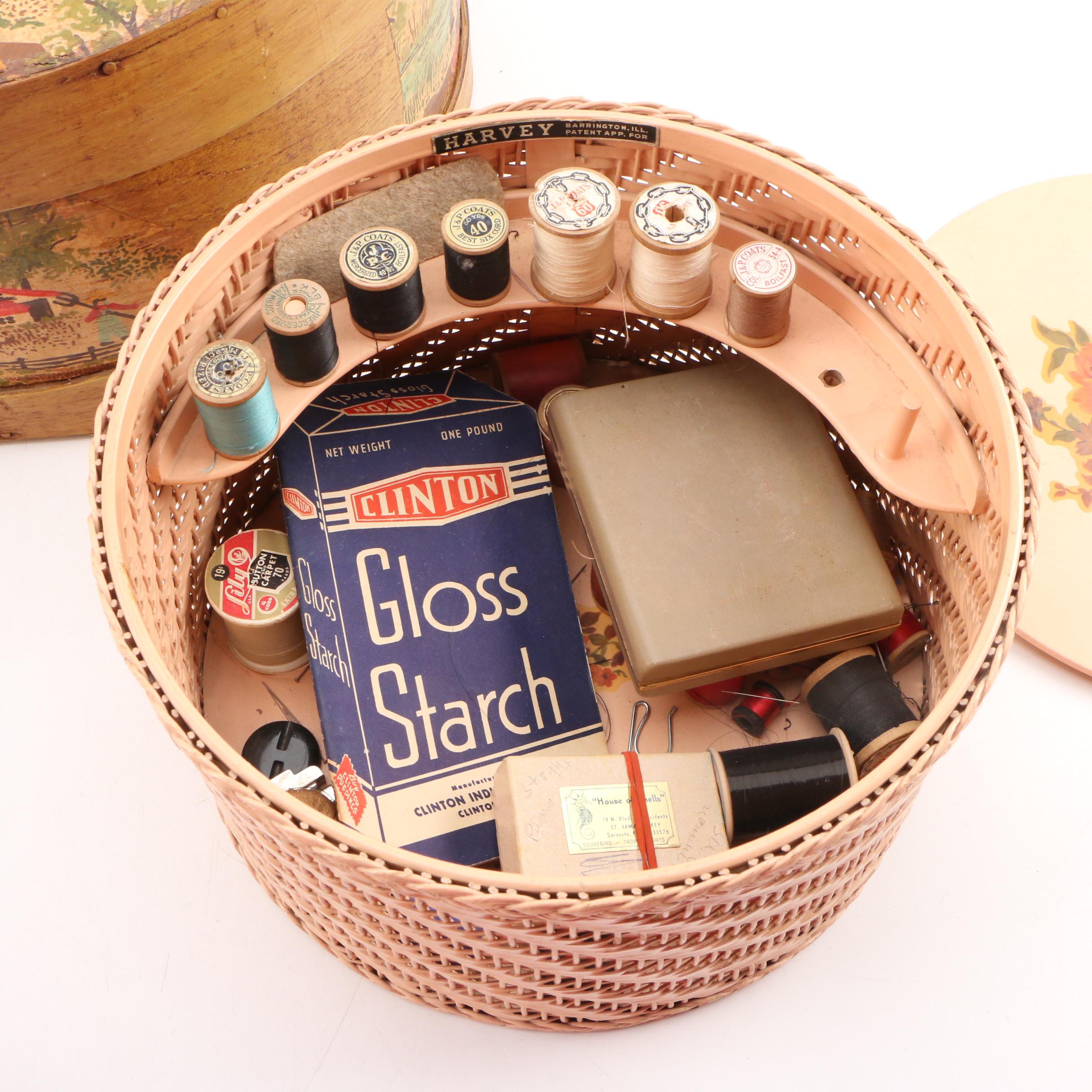 Harvey Sewing Basket with Sewing Supplies and a Pantry Box, Vintage