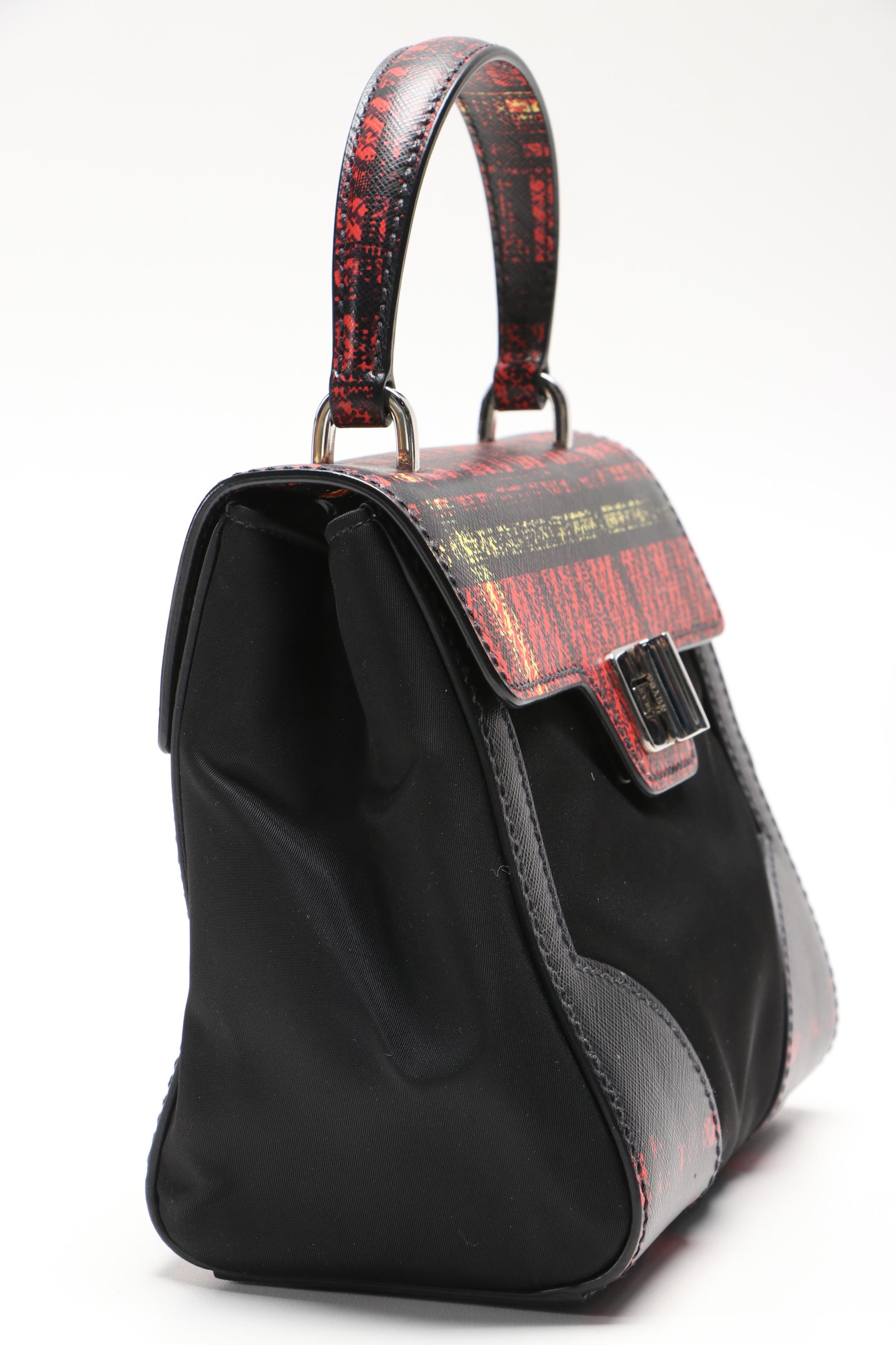 Prada Printed Saffiano Leather and Tessuto Small Turnlock Bag