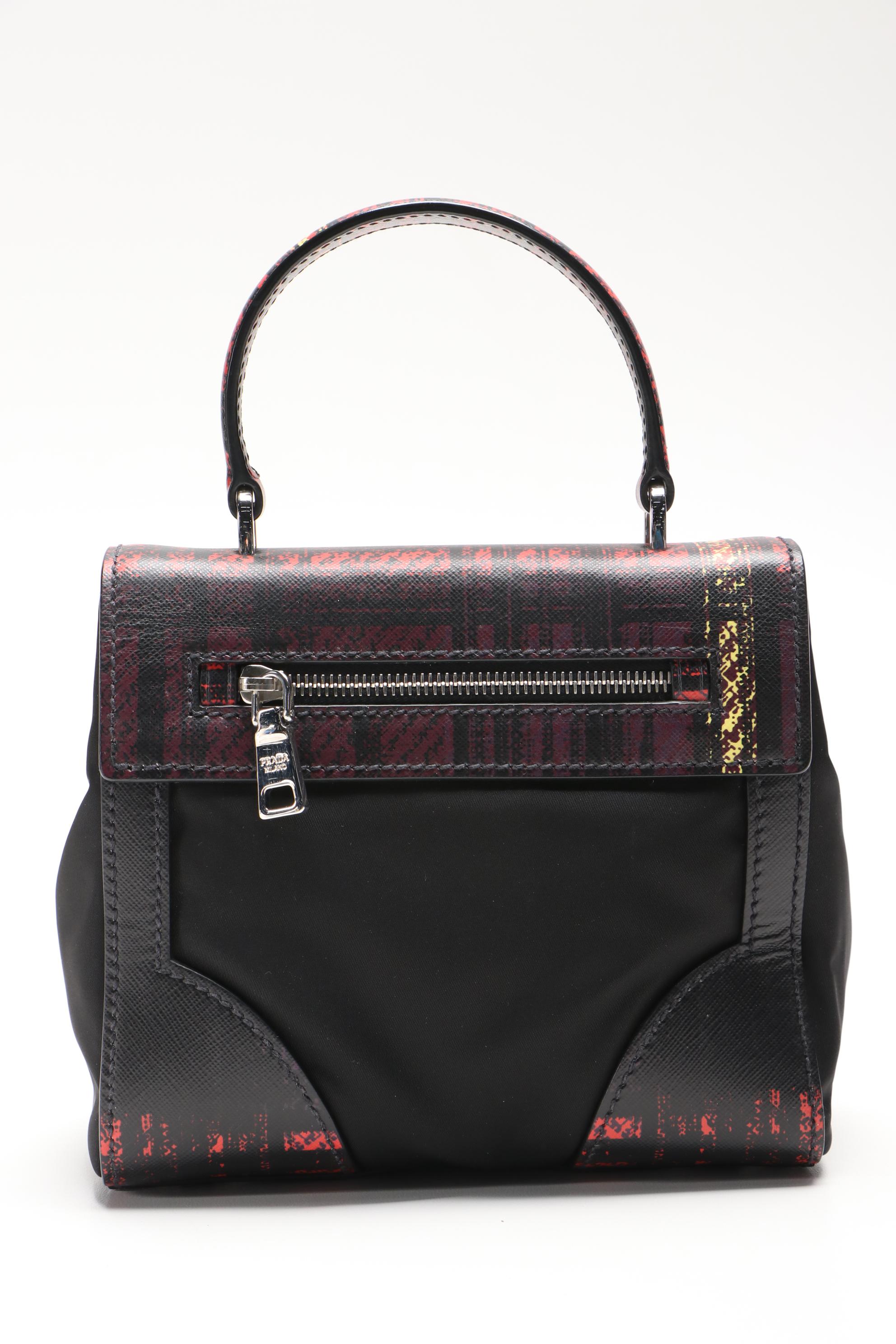 Prada Printed Saffiano Leather and Tessuto Small Turnlock Bag