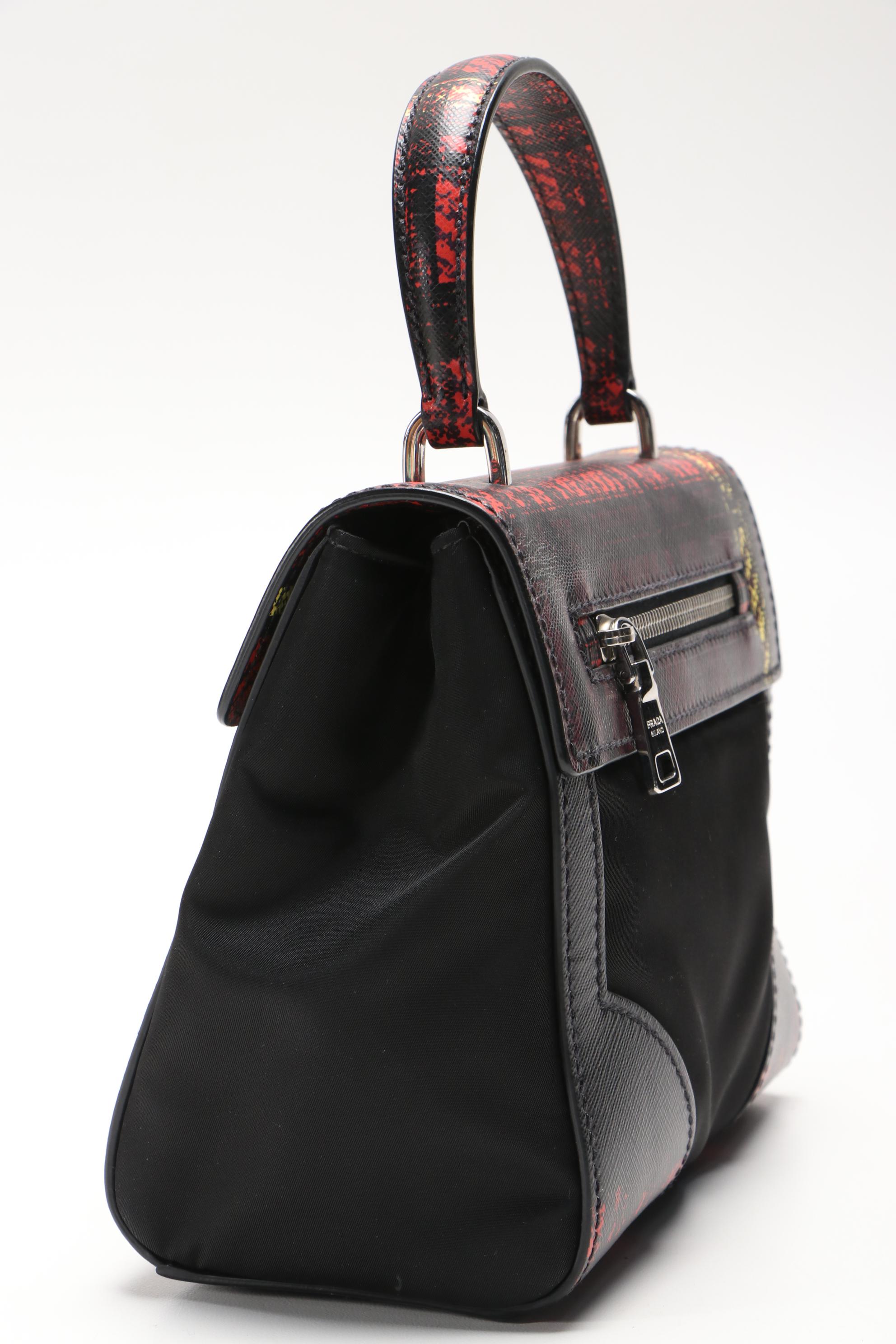 Prada Printed Saffiano Leather and Tessuto Small Turnlock Bag