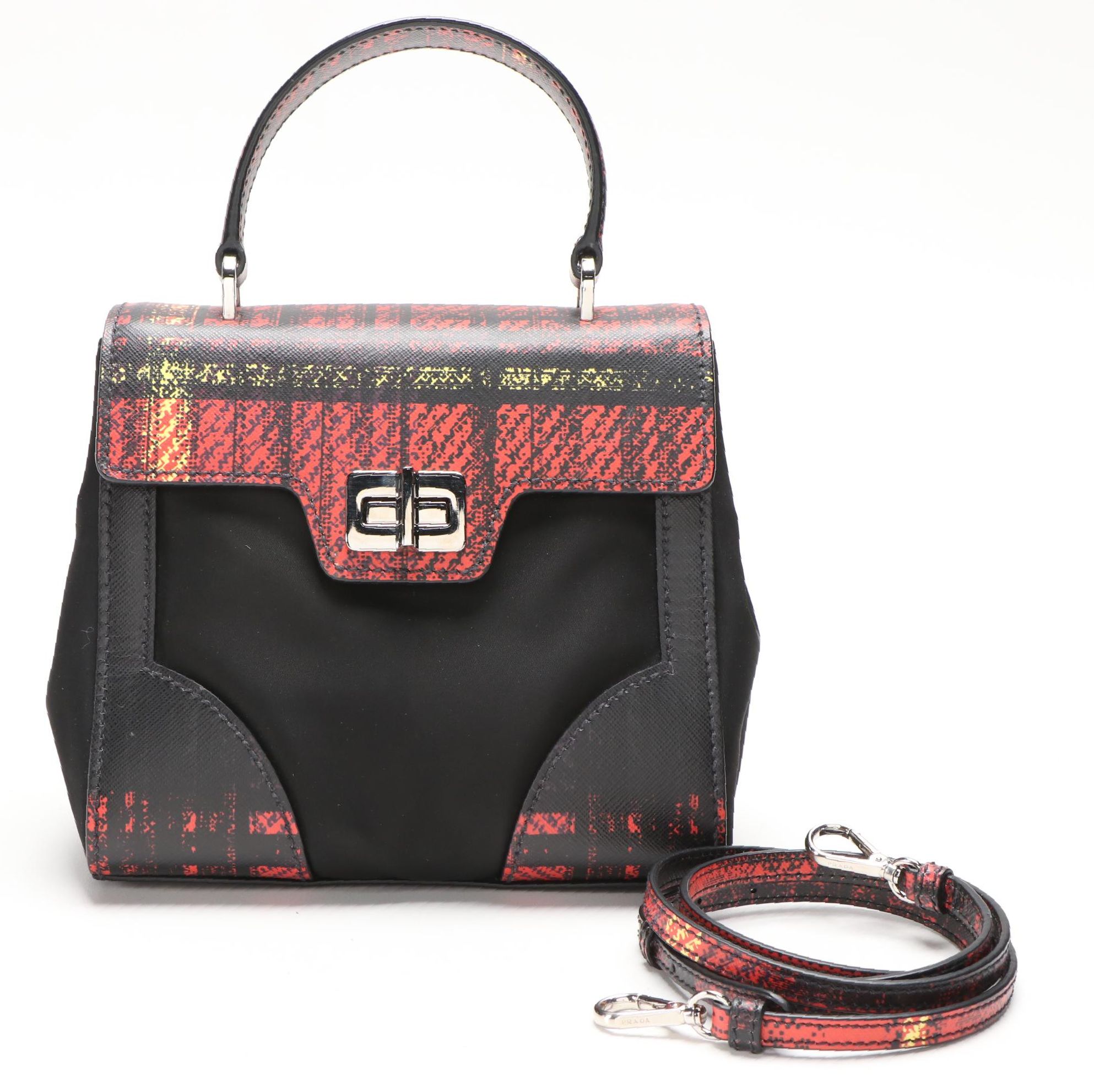 Prada Printed Saffiano Leather and Tessuto Small Turnlock Bag