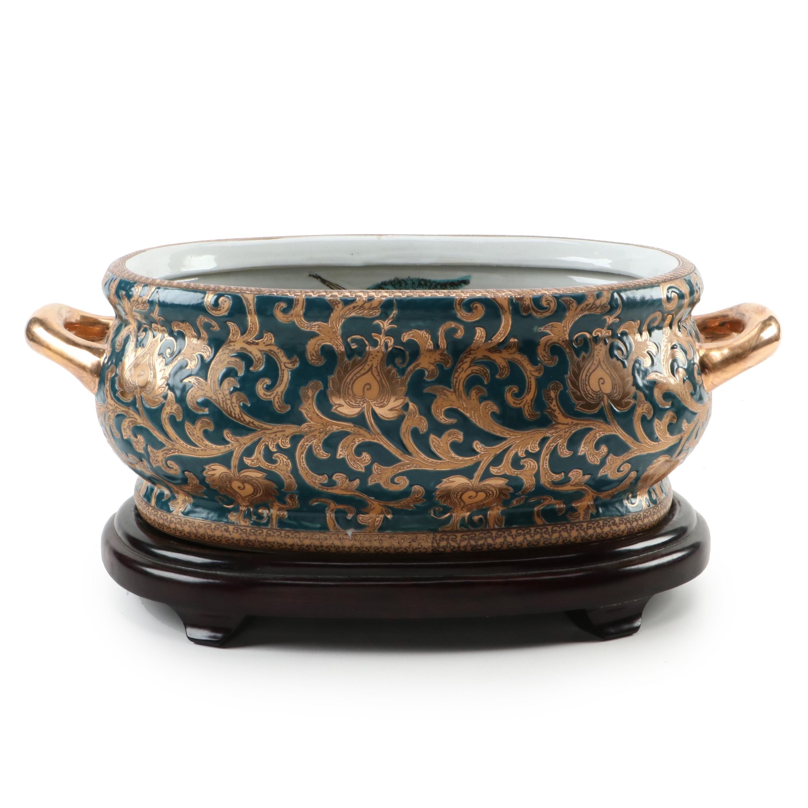 Chinese Oriental Accent Hand-Painted Ceramic Foot Bath with Base