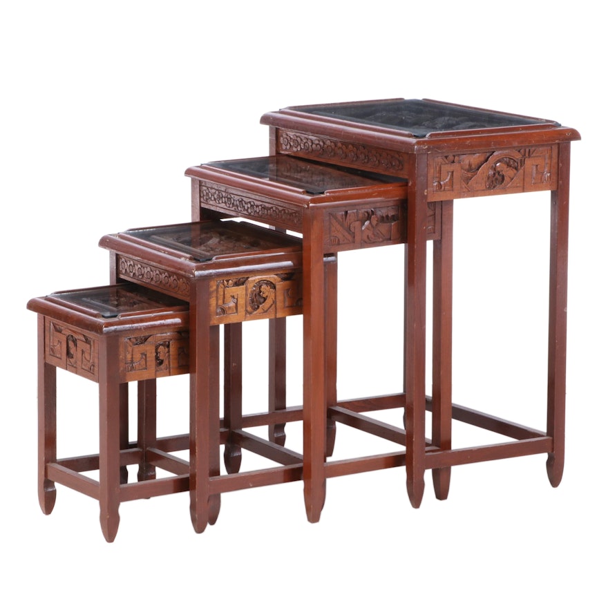 Asian Relief Carved Glass-Top Nested Tables