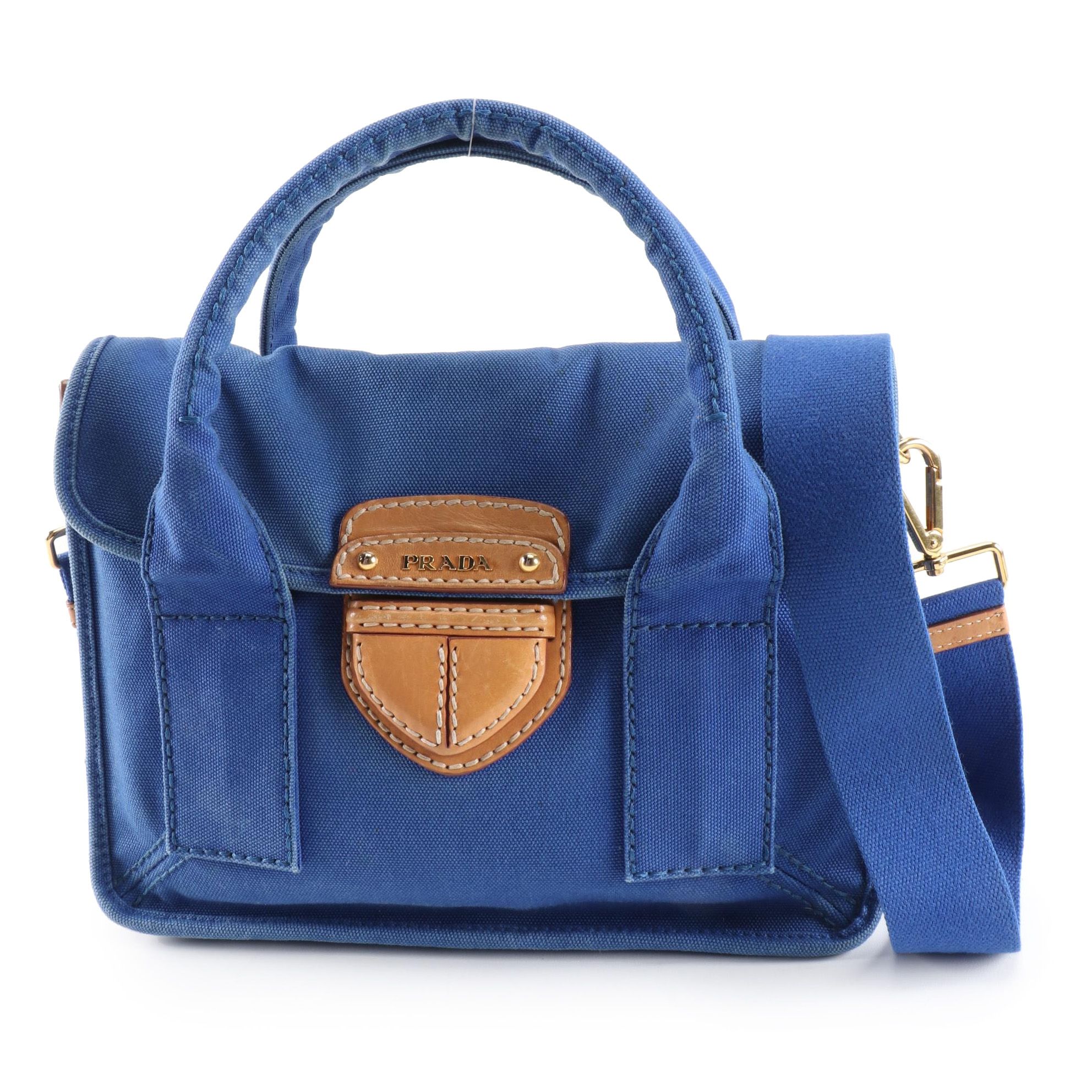 Prada Blue Canvas and Leather Convertible Satchel
