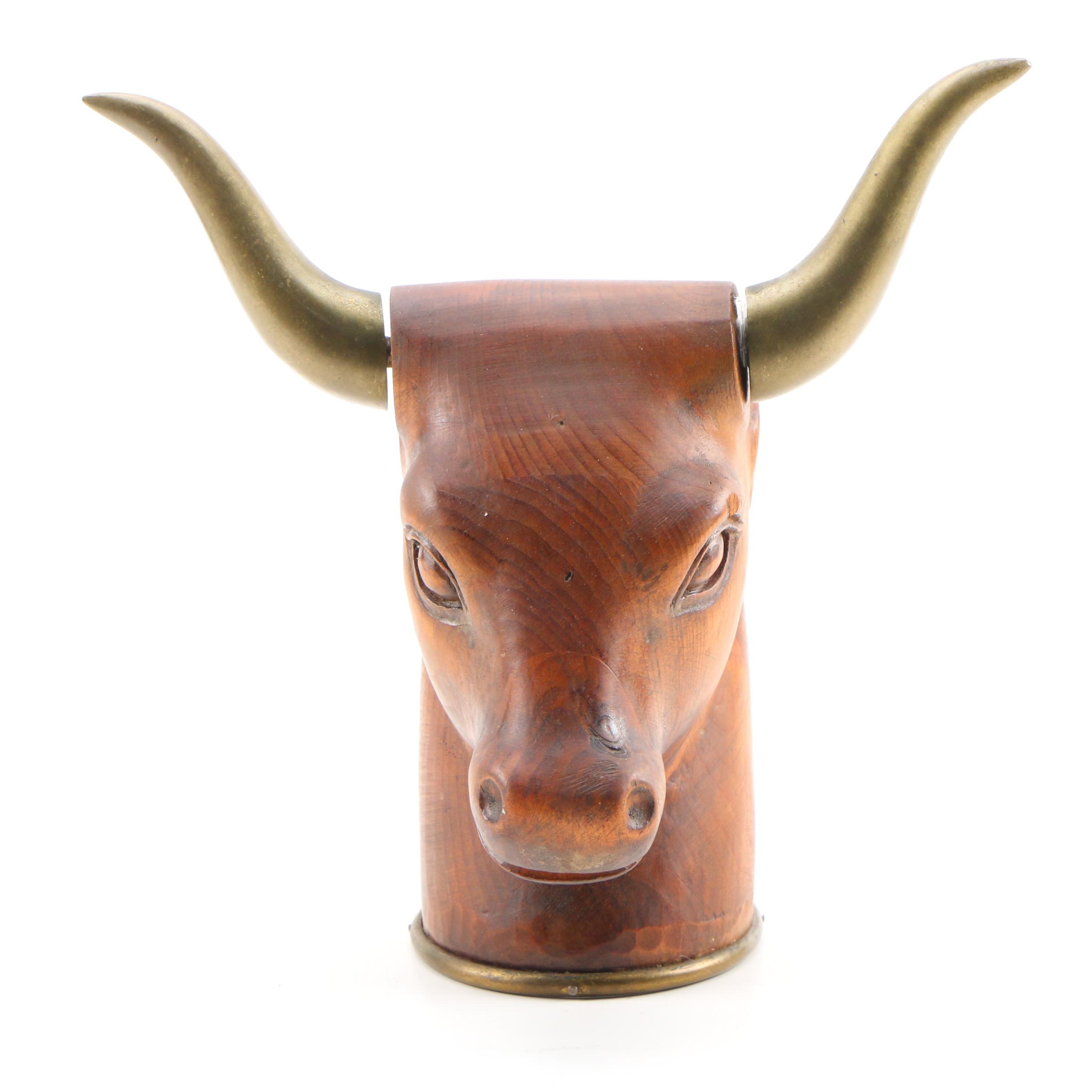 Carved Wood and Brass Bull's Head Sculpture