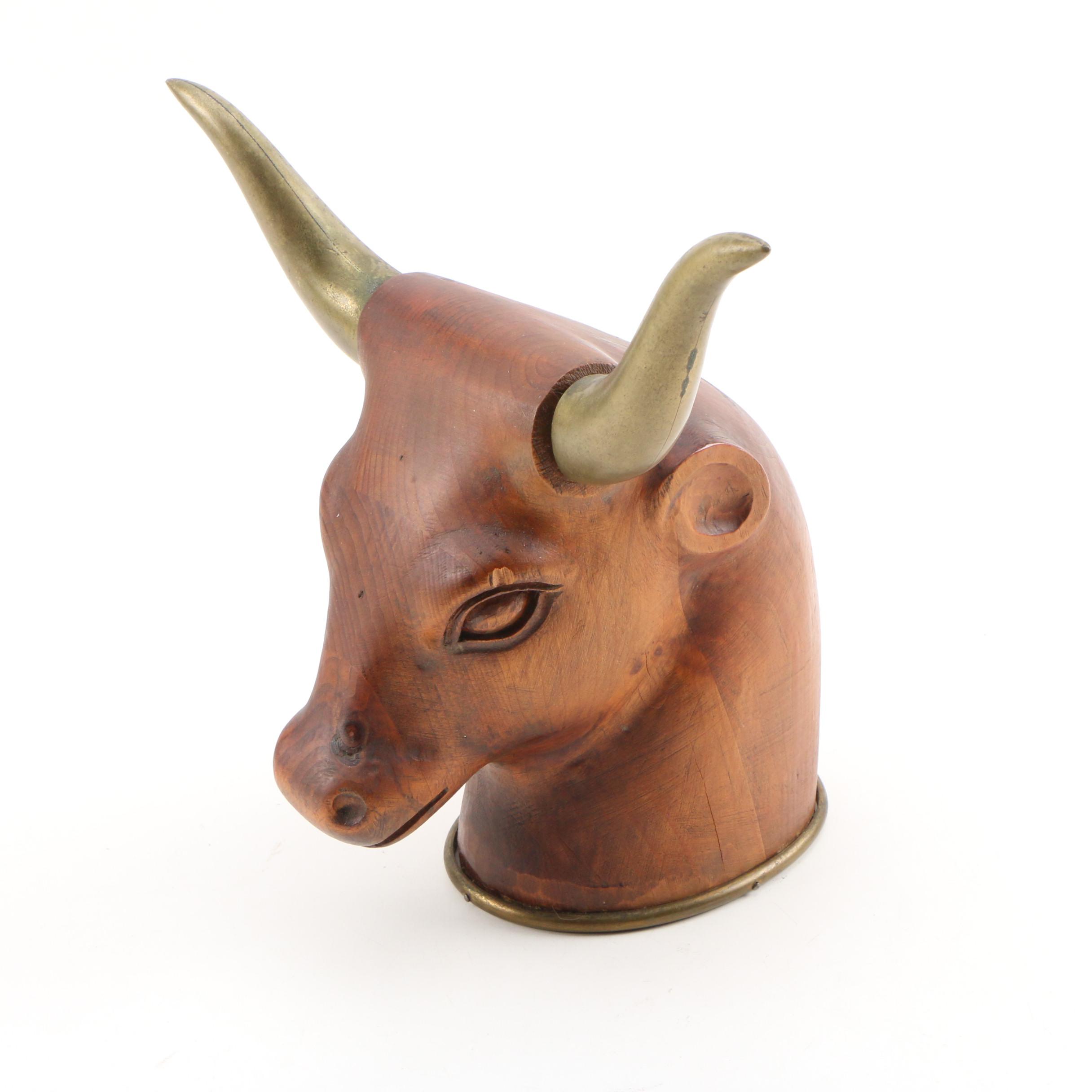 Carved Wood and Brass Bull's Head Sculpture