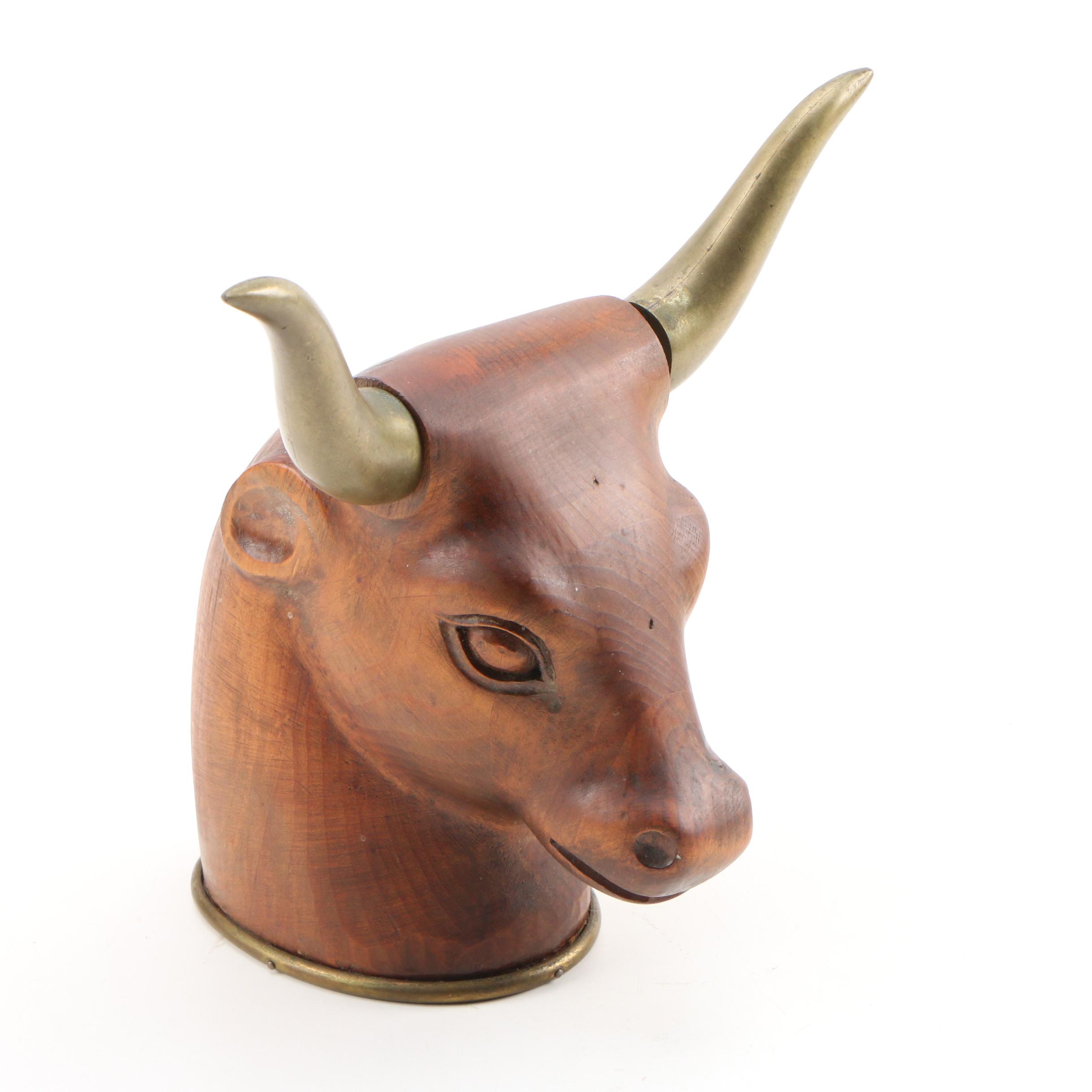 Carved Wood and Brass Bull's Head Sculpture