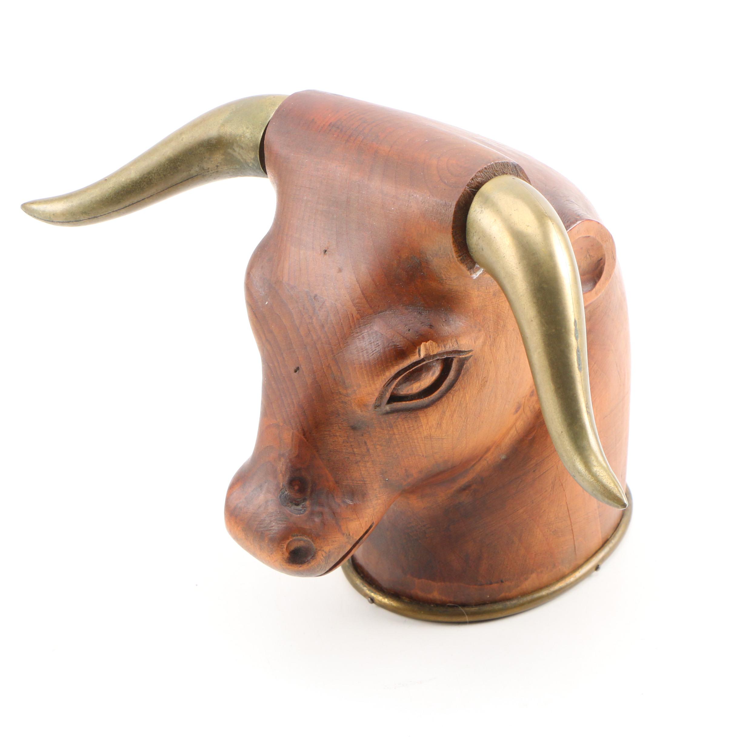 Carved Wood and Brass Bull's Head Sculpture