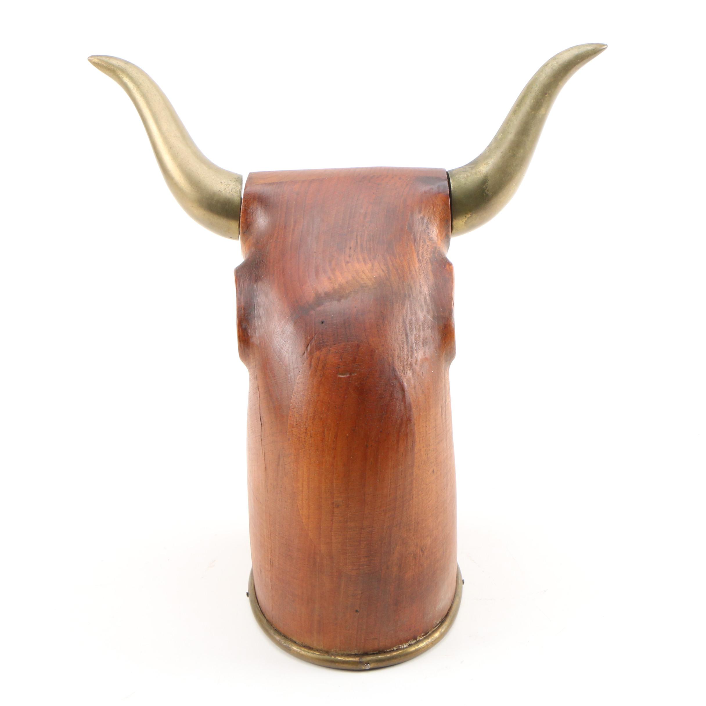 Carved Wood and Brass Bull's Head Sculpture