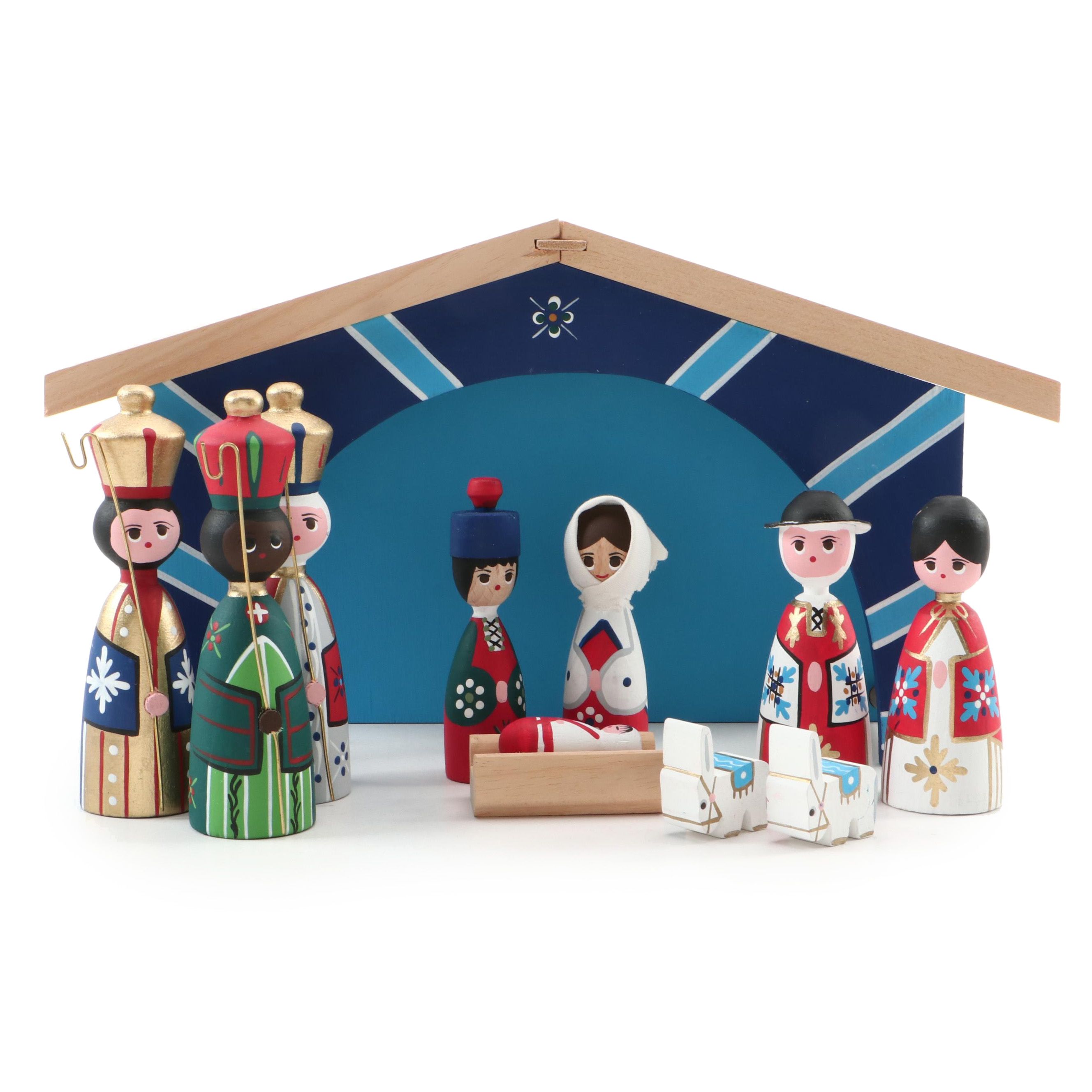 Vintage Danish Bogense Traekunst Handpainted Wooden Nativity Set