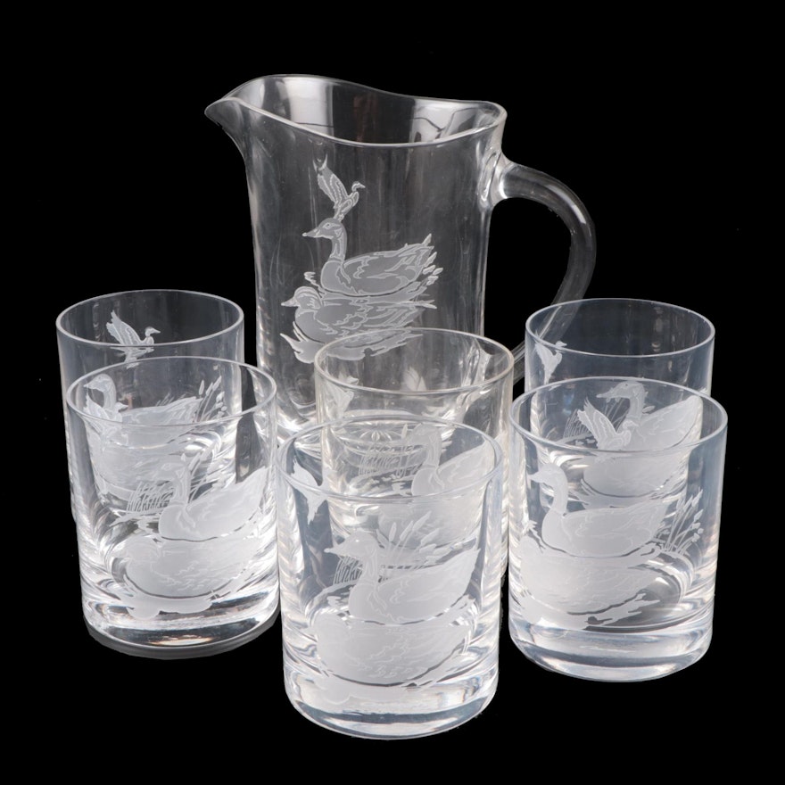 Cartier Crystal Duck and Geese Etched Tumblers and Pitcher