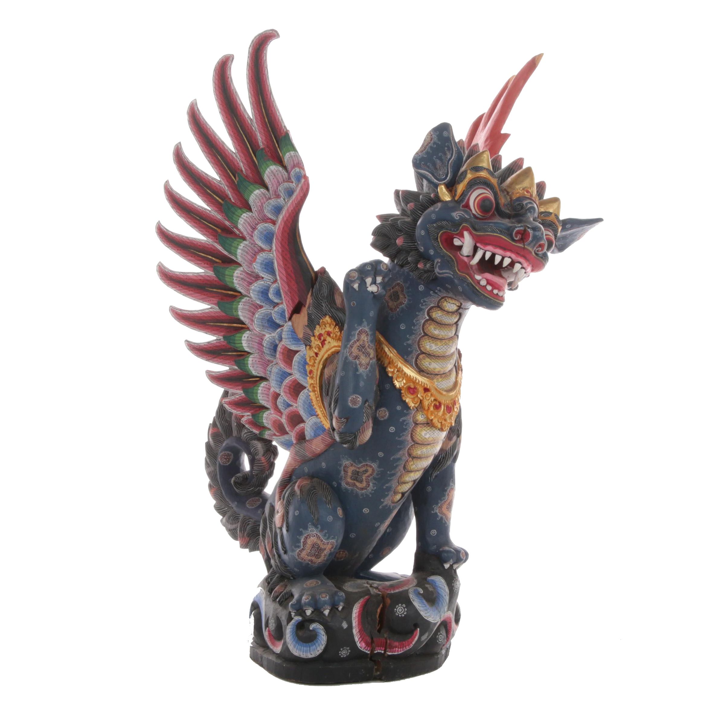 Balinese Winged Lion Polychrome Carved Wood Figure