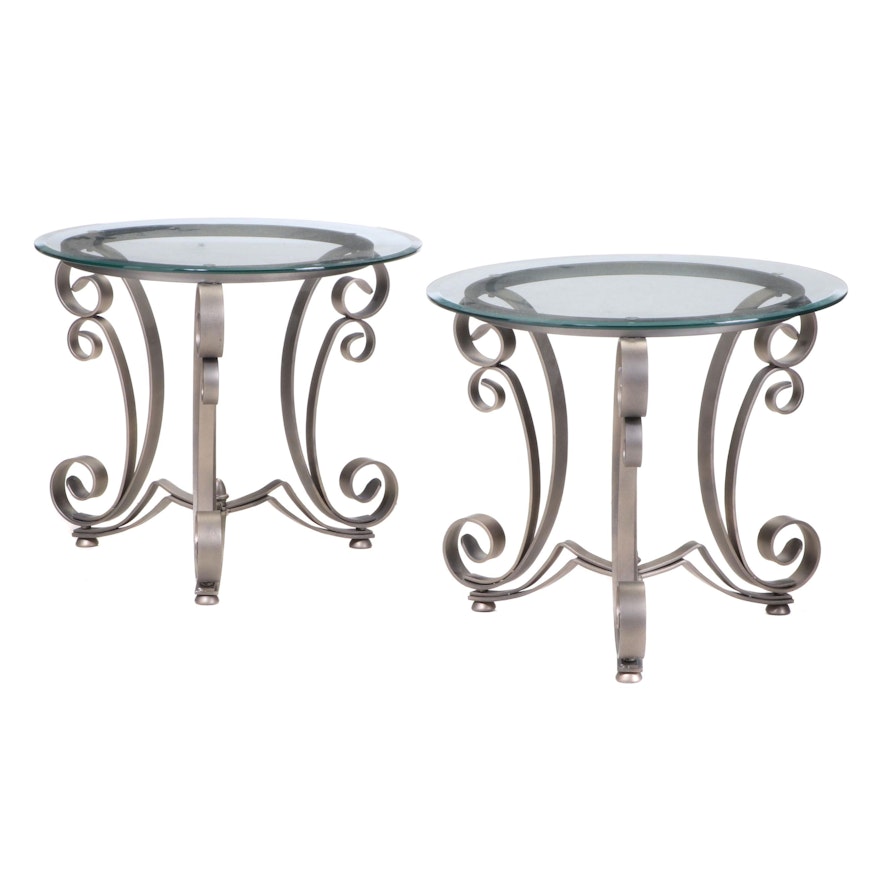 Pair of Scrolled Metal and Glass Top Side Tables