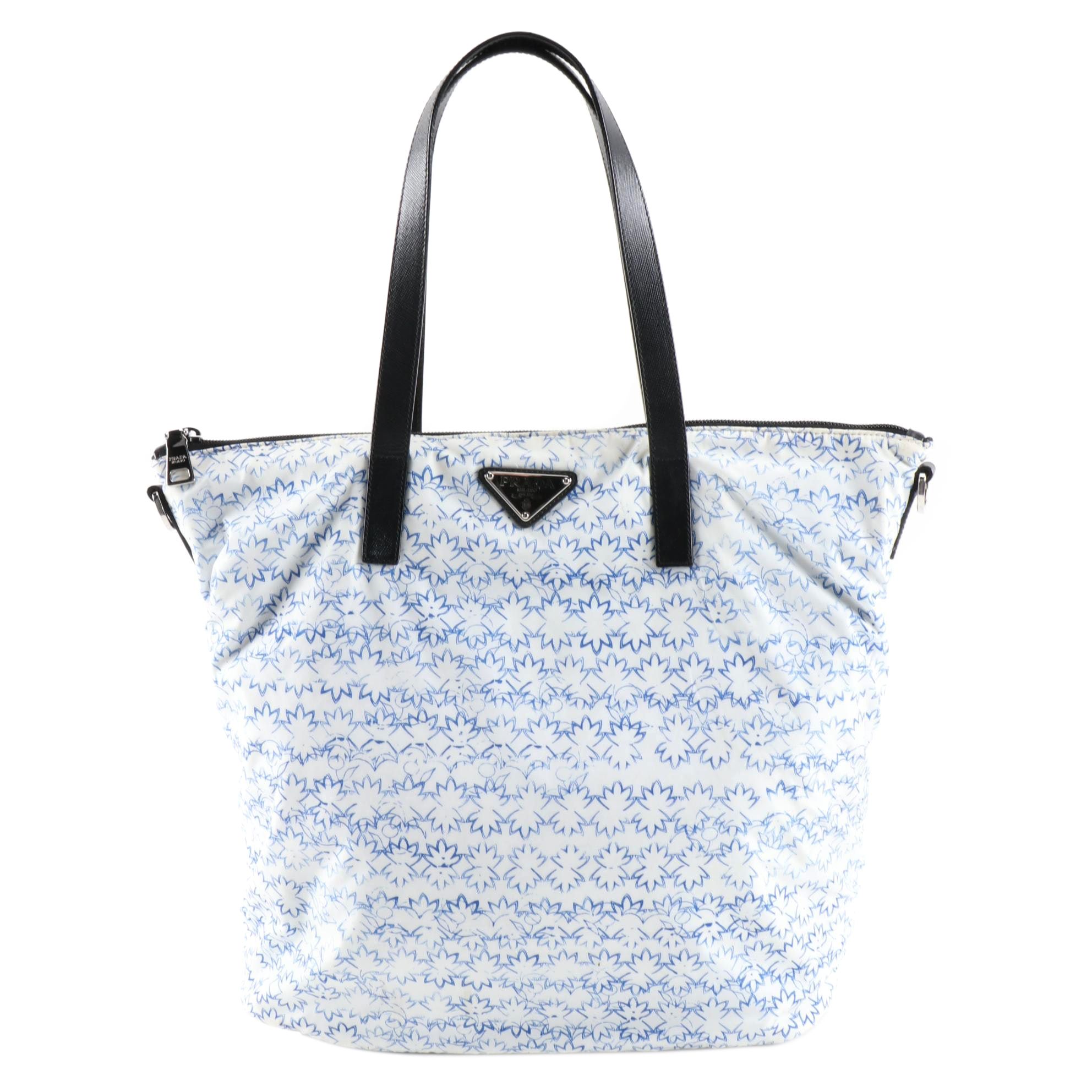 Prada Blue and White Leaf  Print Nylon and Black Saffiano Leather Tote