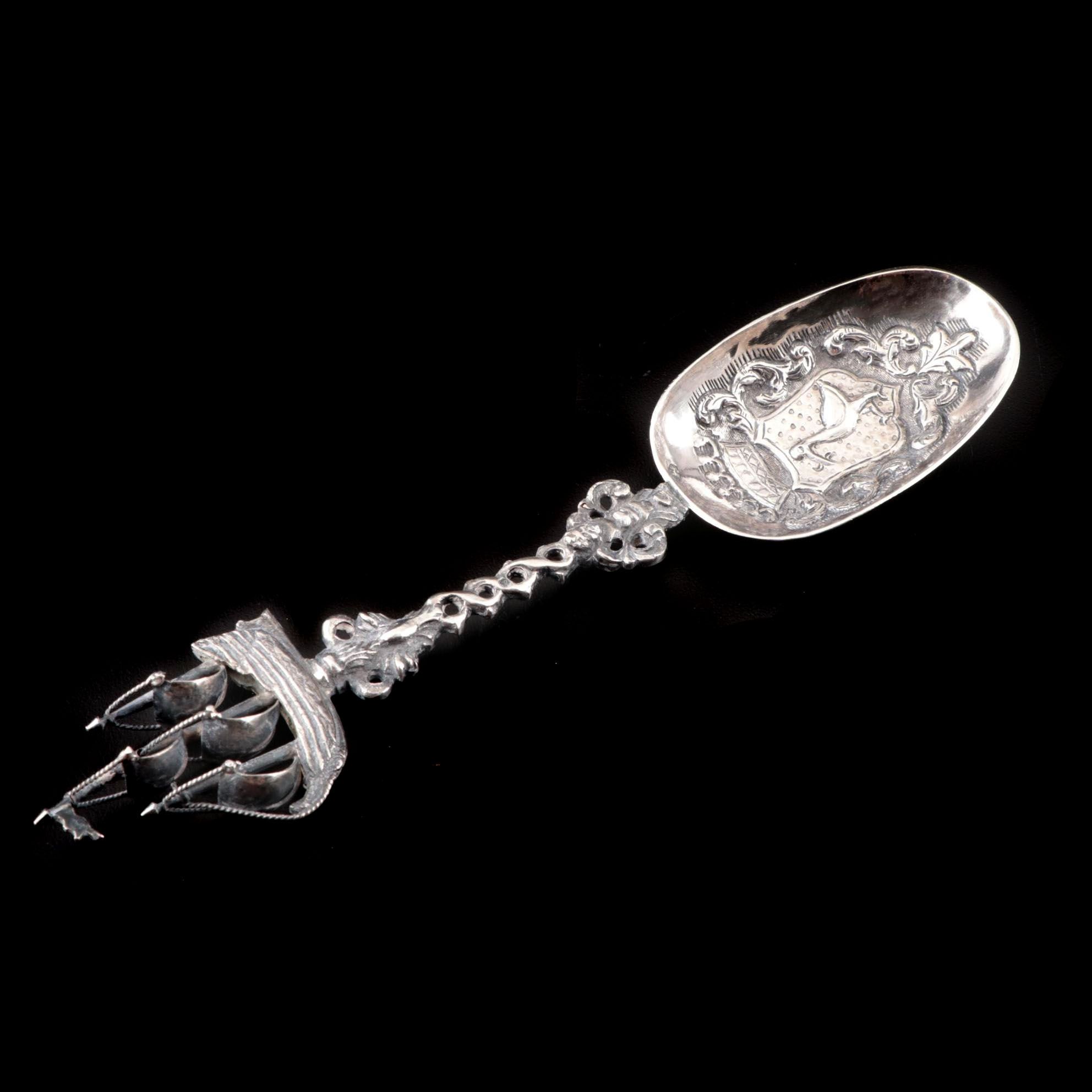 Dutch Baroque Style 800 Silver Sailing Ship Spoon