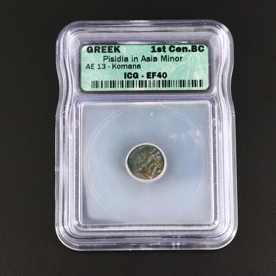 ICG Graded EF40 Ancient Pisidia, Komana AE13 Bronze Coin, ca. 100 B.C.