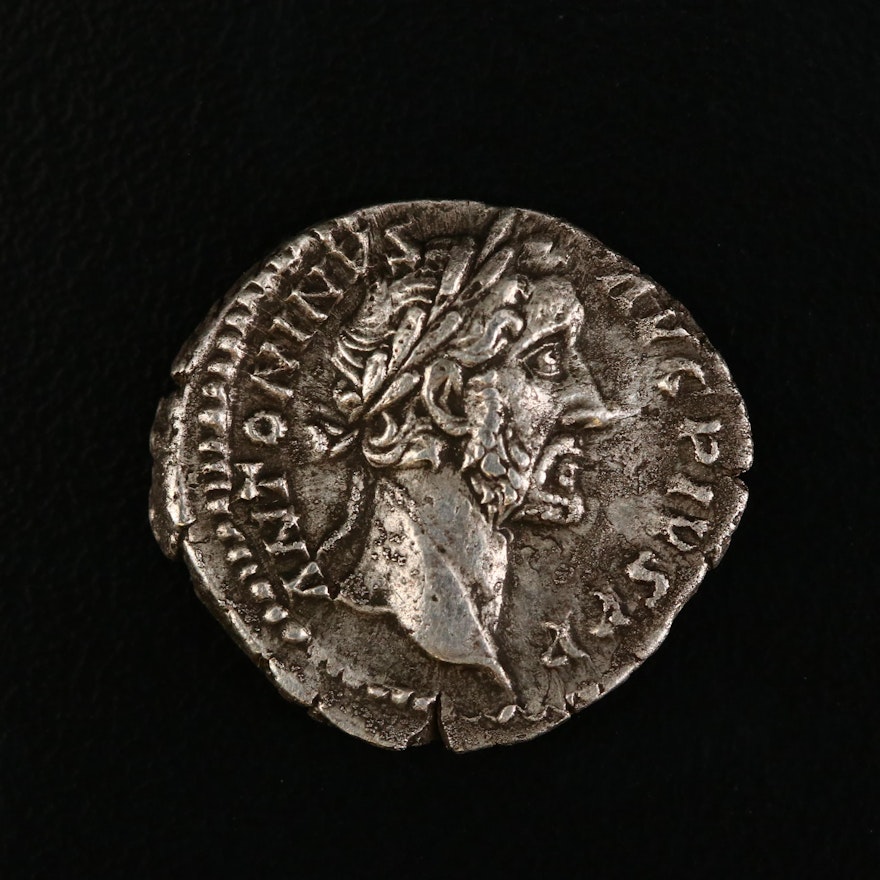 Ancient Roman Imperial AR Denarius of Antoninus Pius, ca. 156 A.D.