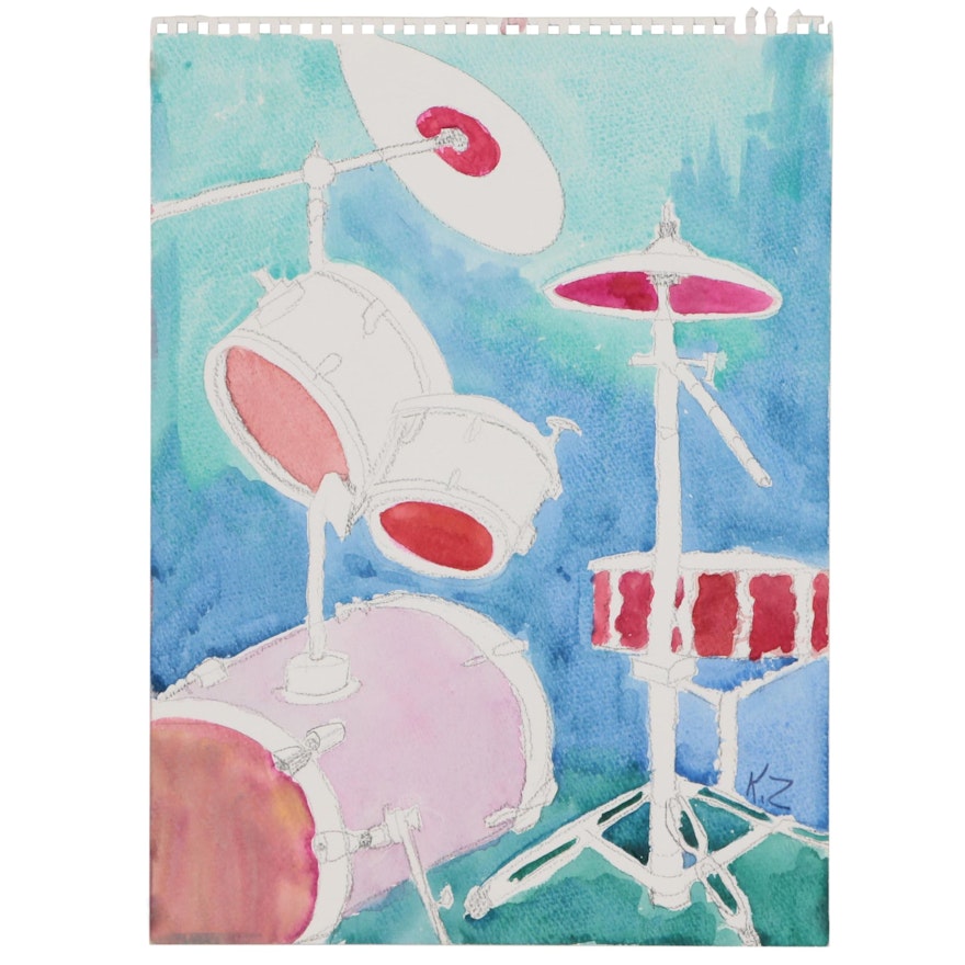 Kathleen Zimbicki Watercolor Painting of Drum Set