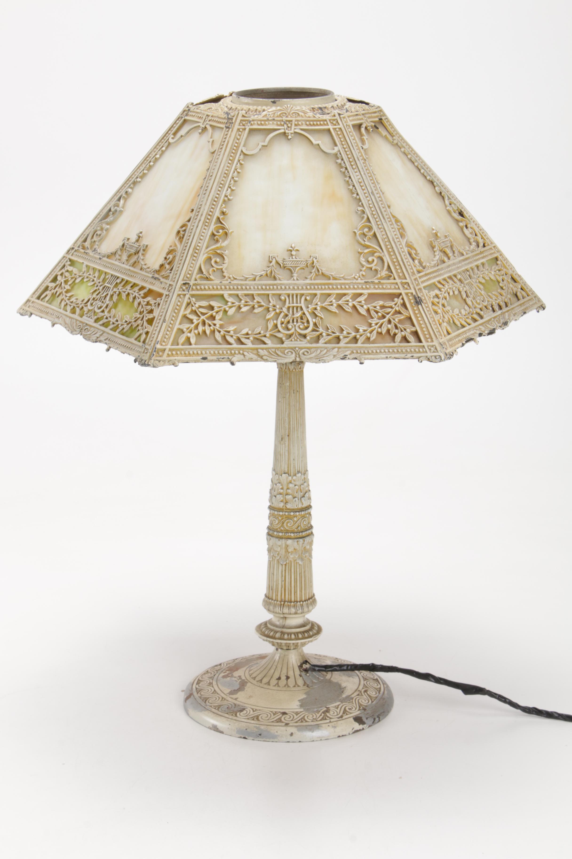 Miller Lamp Co. Gilt Metal Lamp with Slag Glass Shade, Early 20th C.