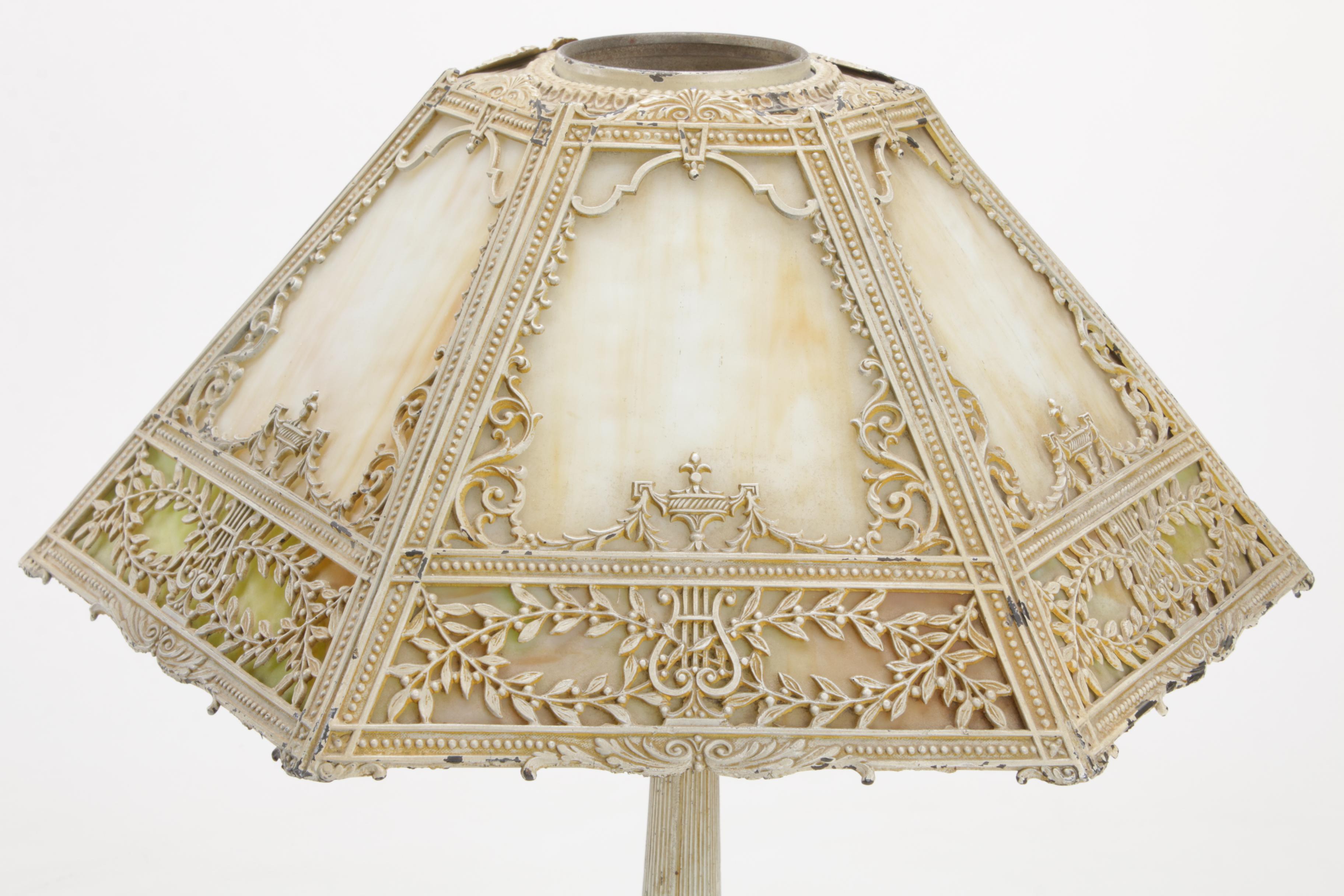 Miller Lamp Co. Gilt Metal Lamp with Slag Glass Shade, Early 20th C.