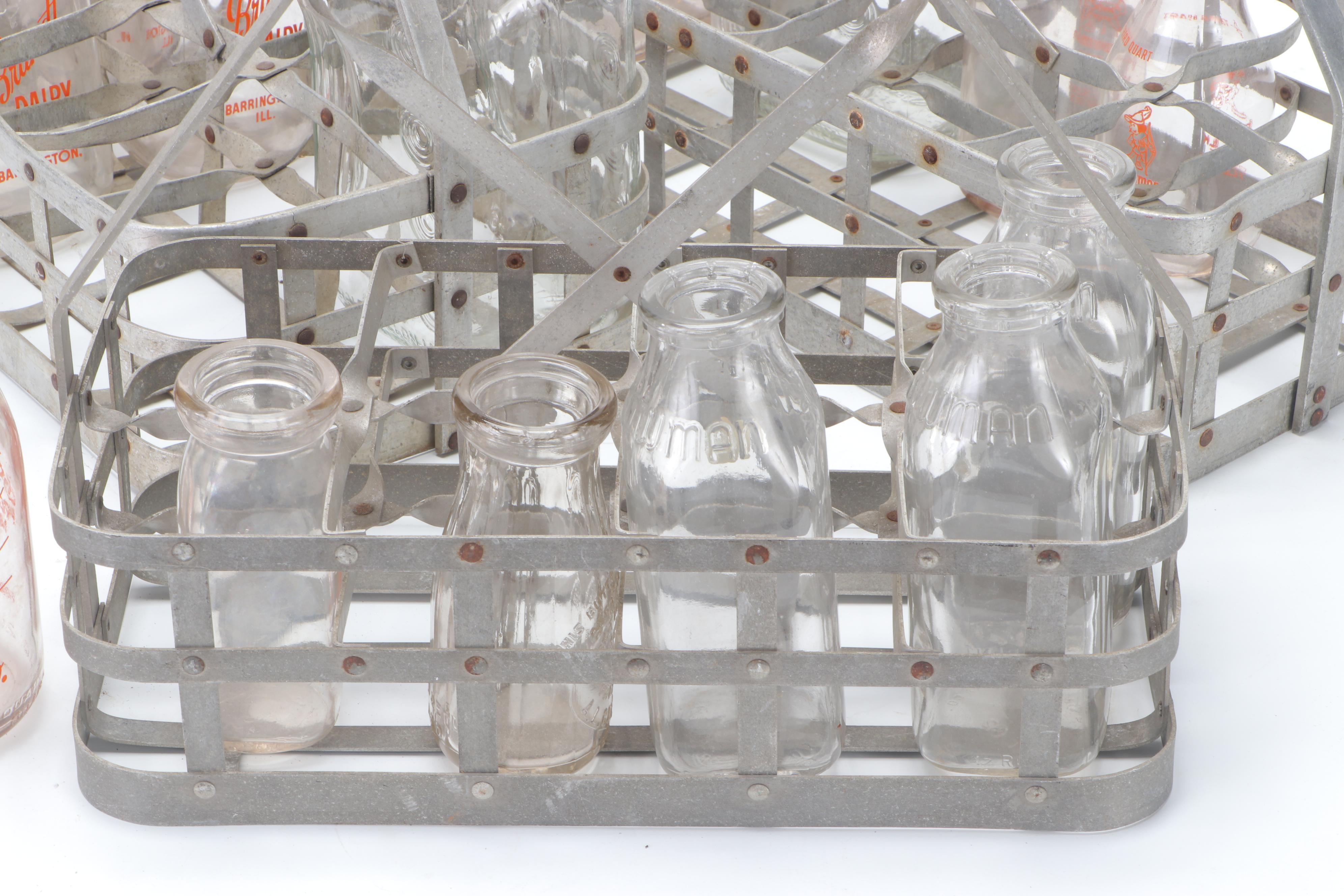 Milk Bottles with Metal Carrying Baskets
