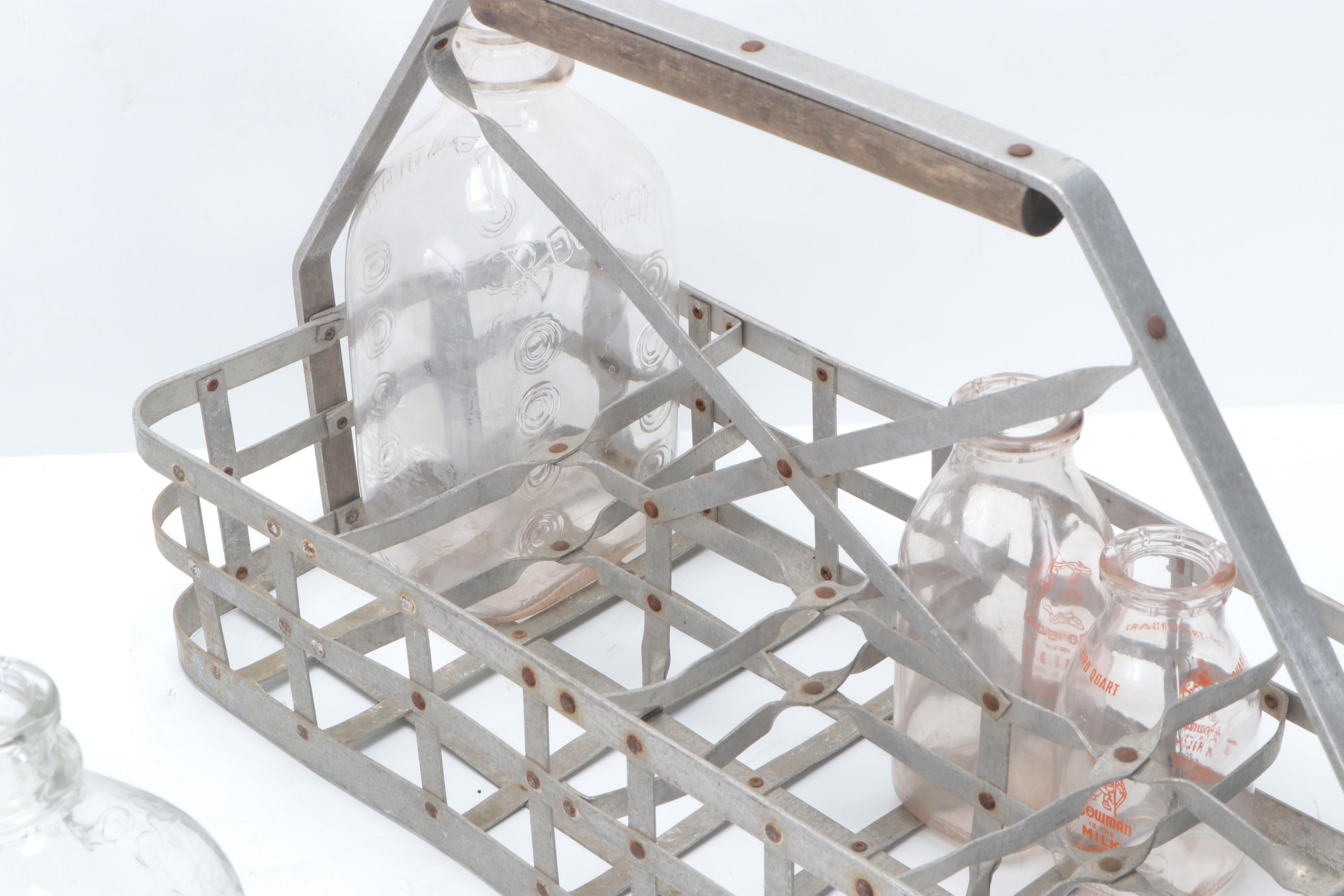 Milk Bottles with Metal Carrying Baskets