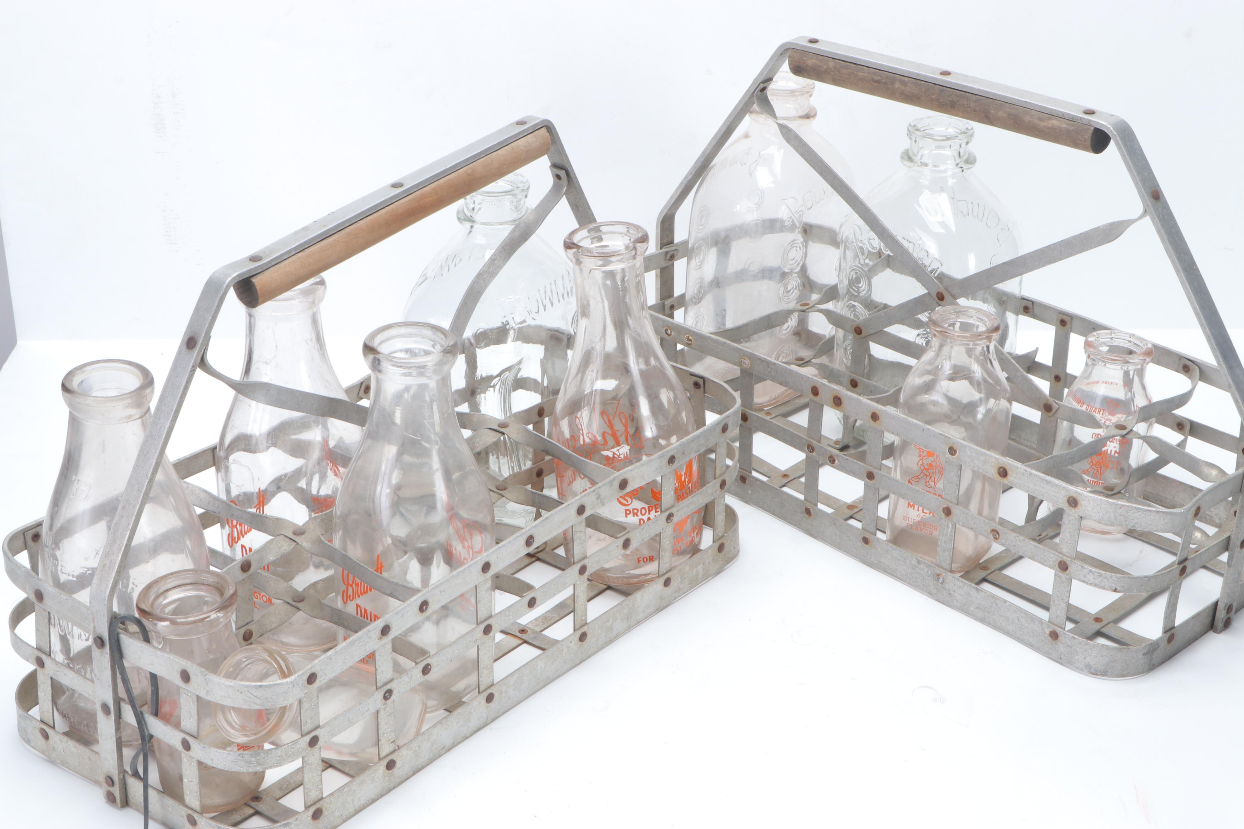 Milk Bottles with Metal Carrying Baskets