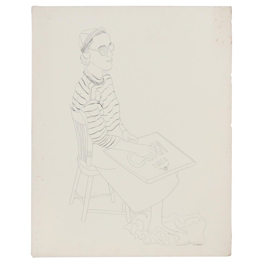 W. Glen Davis Ink Line Drawing of Seated Woman