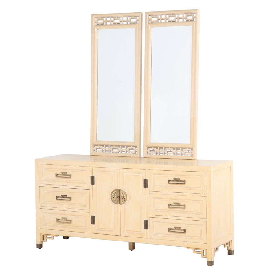 Century Furniture Chinoiserie Painted Low Chest Plus Two Wall Mirrors