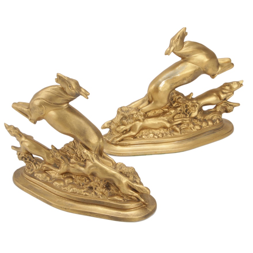 Art Deco Style Gilt Cast Metal Wolf and Deer Figurines