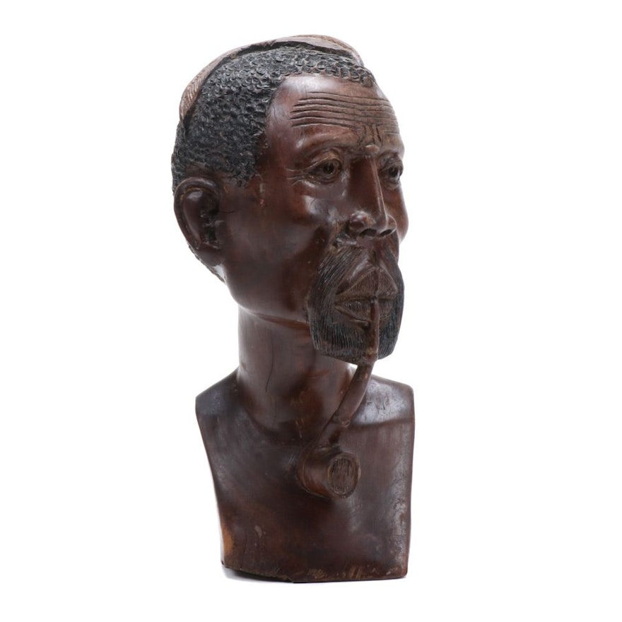 African Hand-Carved Wood Bust of Man with Pipe