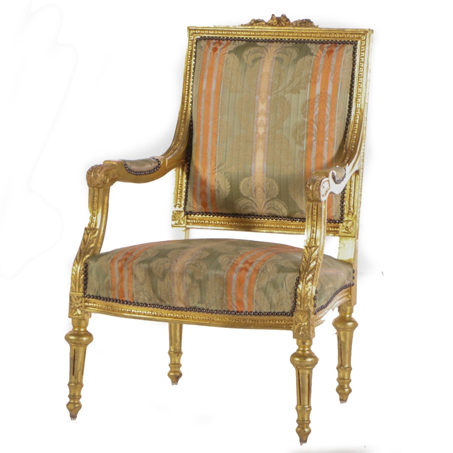 Louis XVI Style Gilt Wood Upholstered Fauteuil Armchair, Late 20th Century