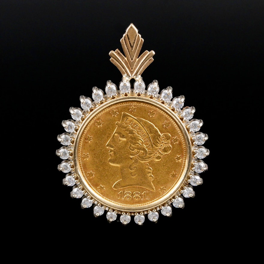 14K Gold Cubic Zirconia Pendant with 1881 Liberty Head $5 Gold Coin