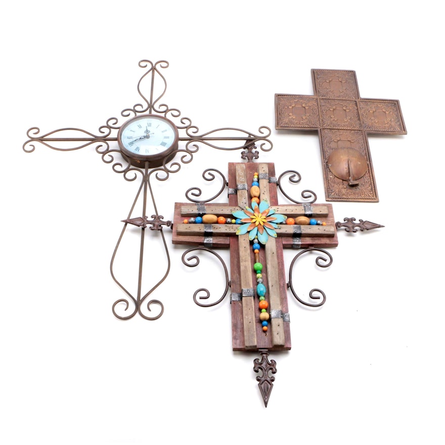 Metal Cross Wall Clock, Decor and Candle Holder