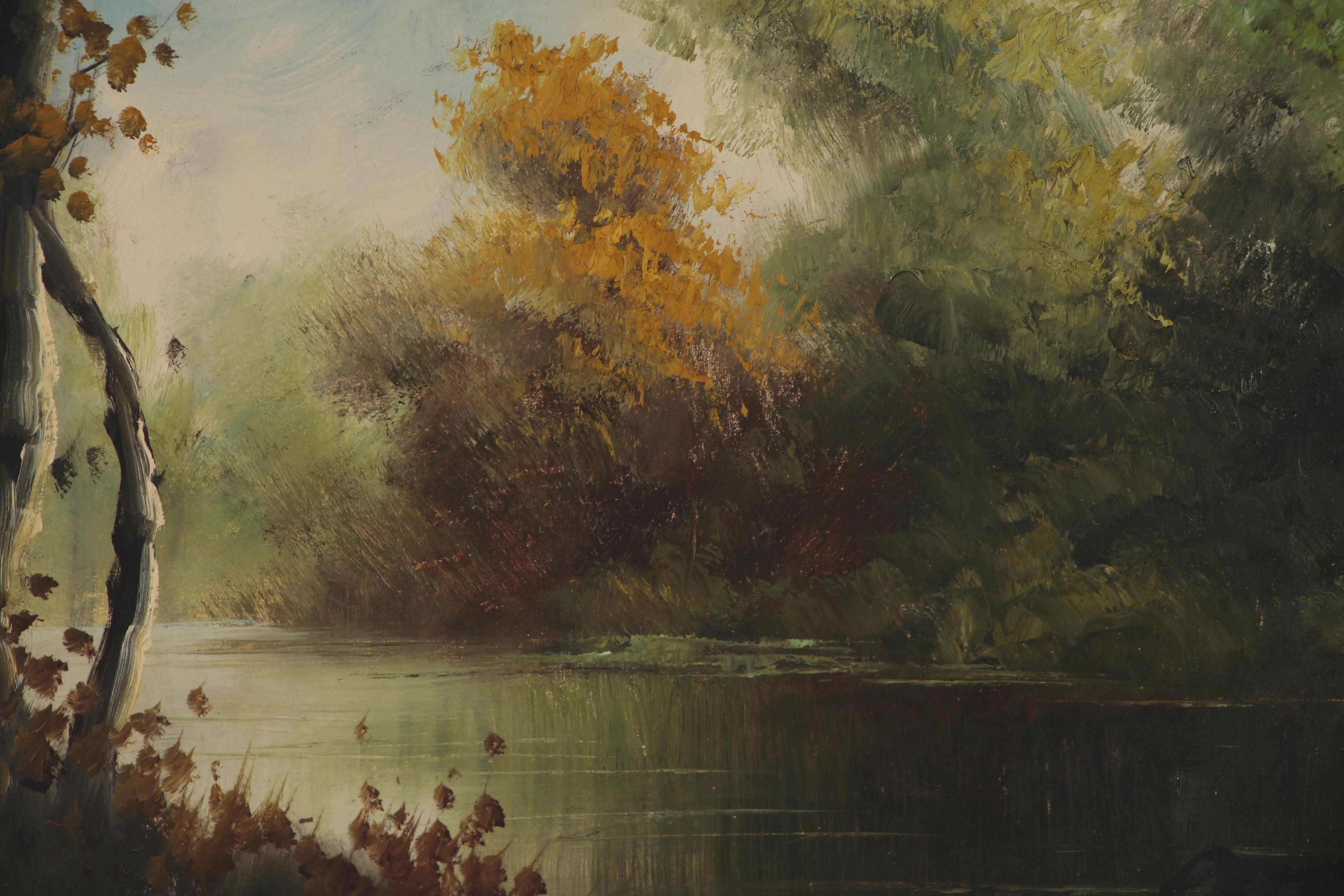 River Landscape Oil Painting, Mid-20th Century