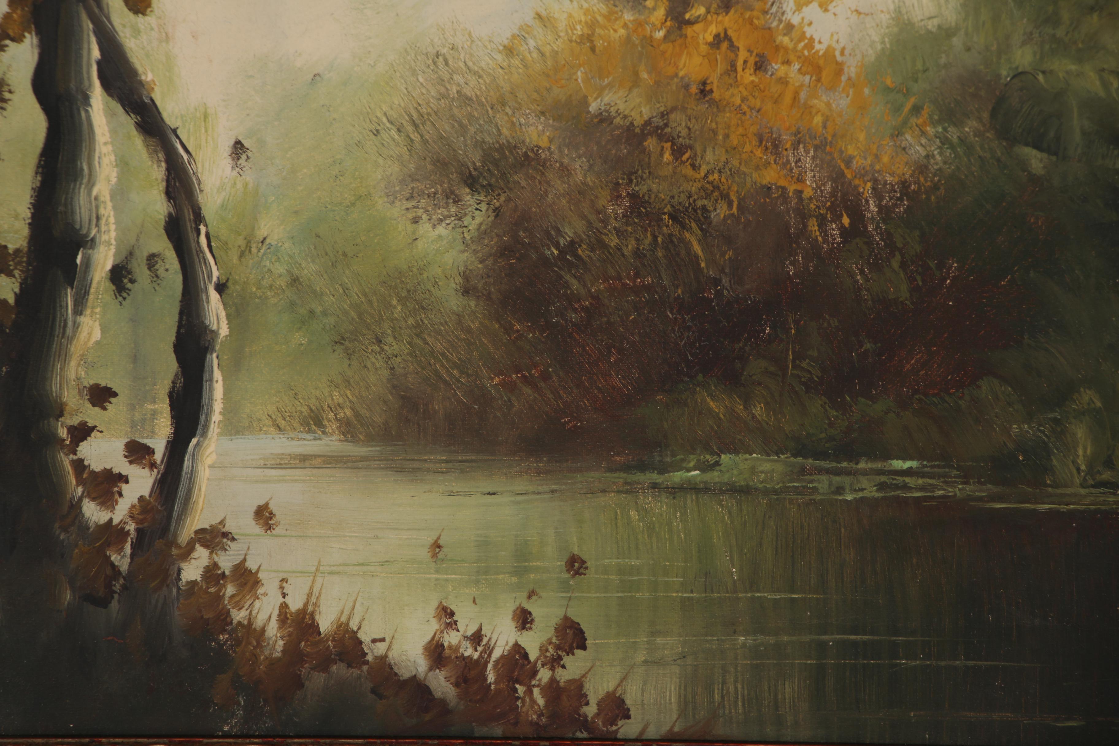 River Landscape Oil Painting, Mid-20th Century