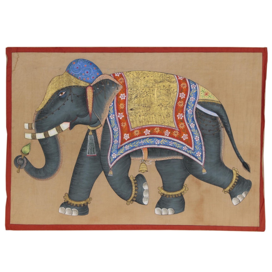 Monumental Indian Mughal Style Gouache Painting on Cloth of an Elephant