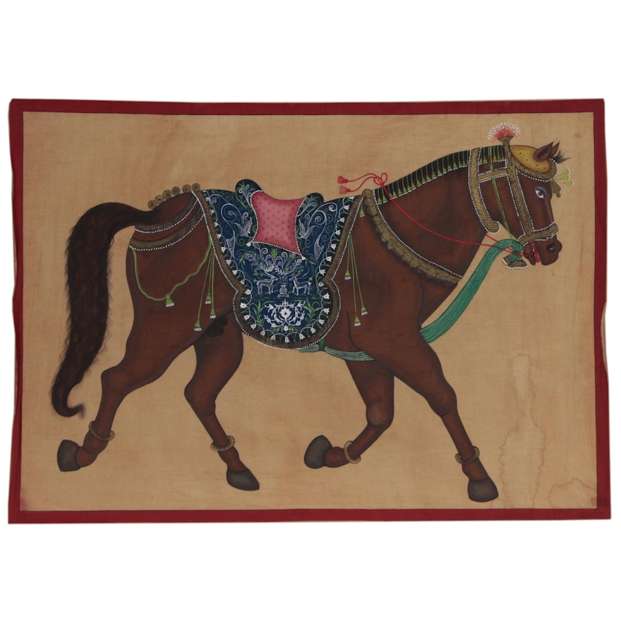 Monumental Indian Mughal Style Gouache Painting on Cloth of a Horse