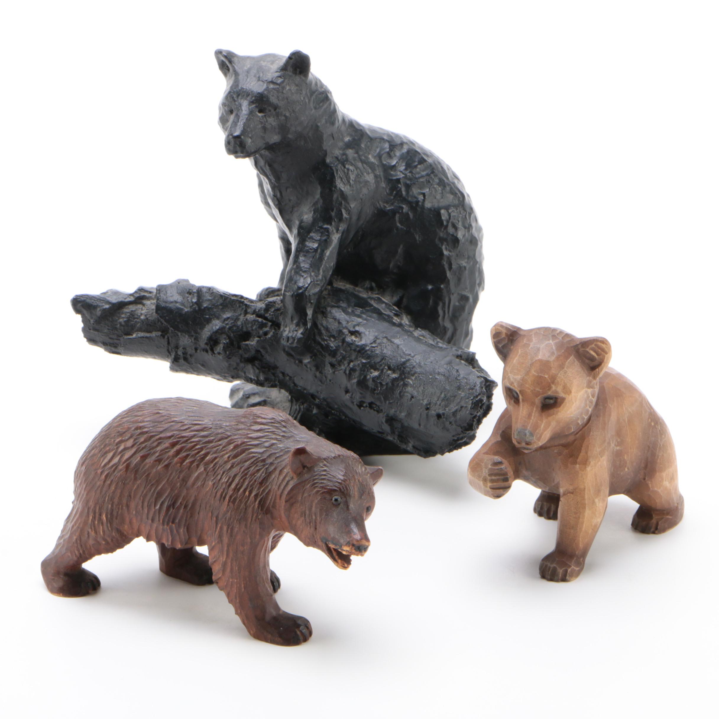 Group of Bear Figurines in Wood and Coal