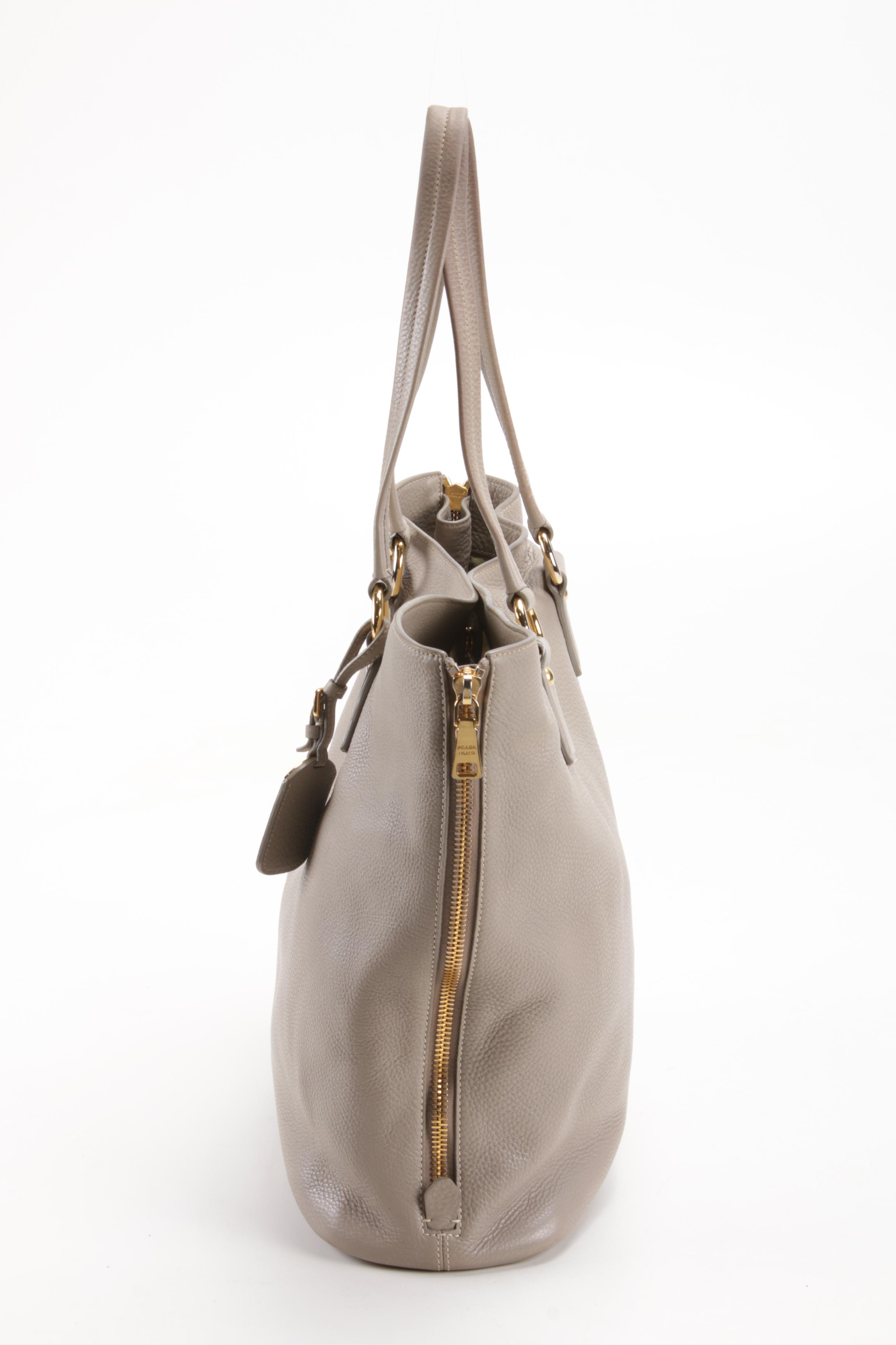 Prada Vitello Daino Leather Tote Shoulder Bag in Light Grey