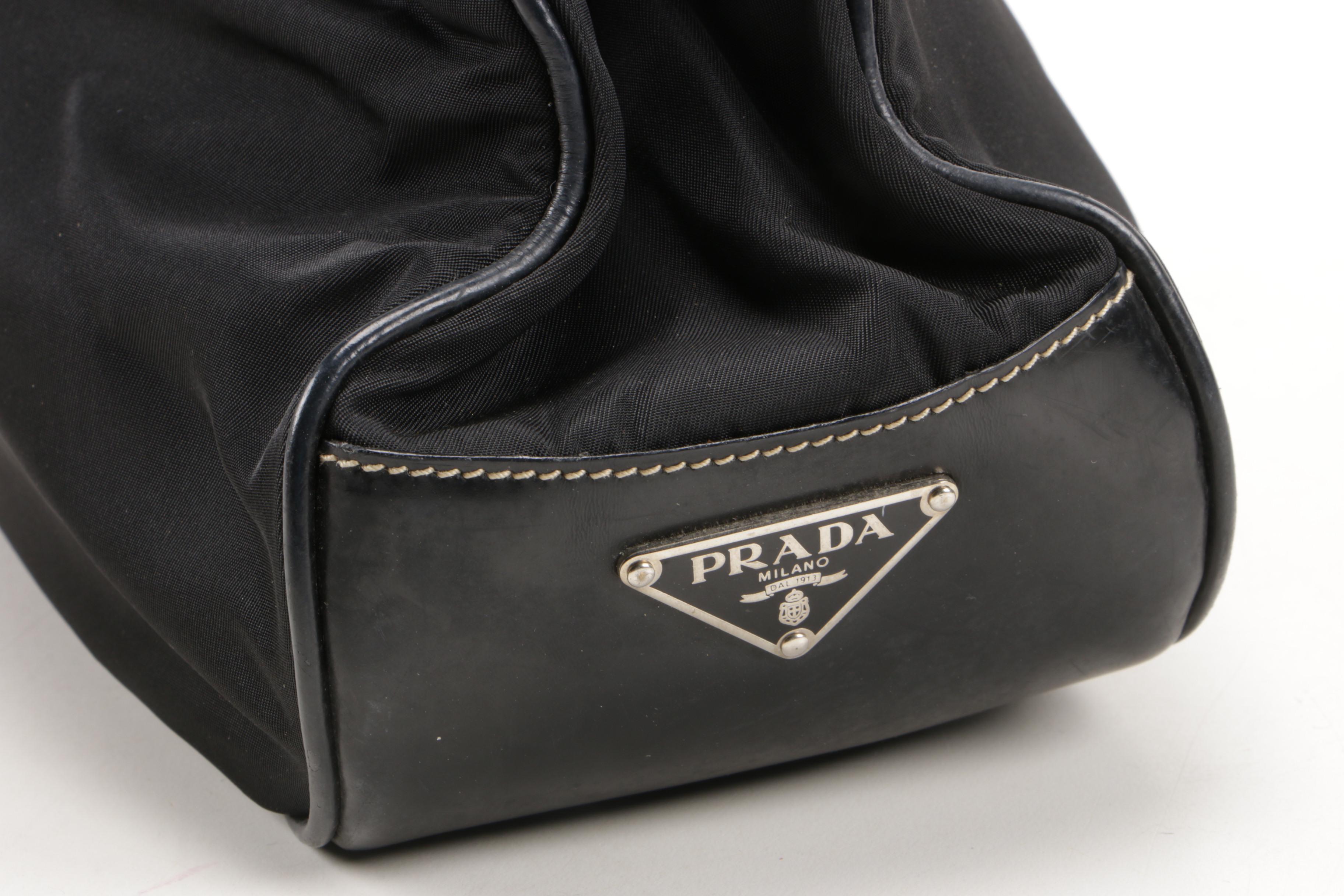 Prada Shoulder Bag in Nero Tessuto Nylon and Contrast Stitched Glazed Leather