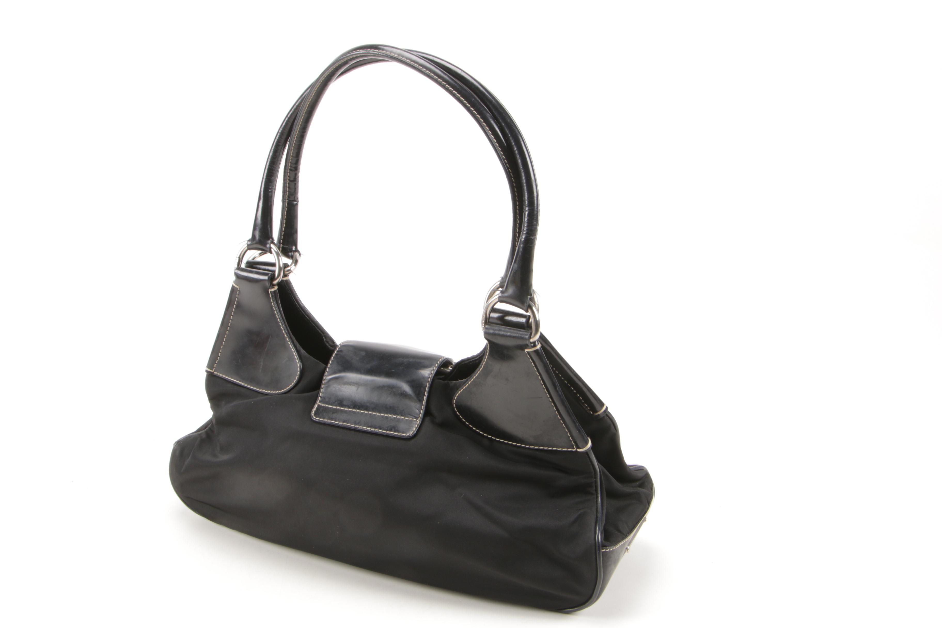 Prada Shoulder Bag in Nero Tessuto Nylon and Contrast Stitched Glazed Leather