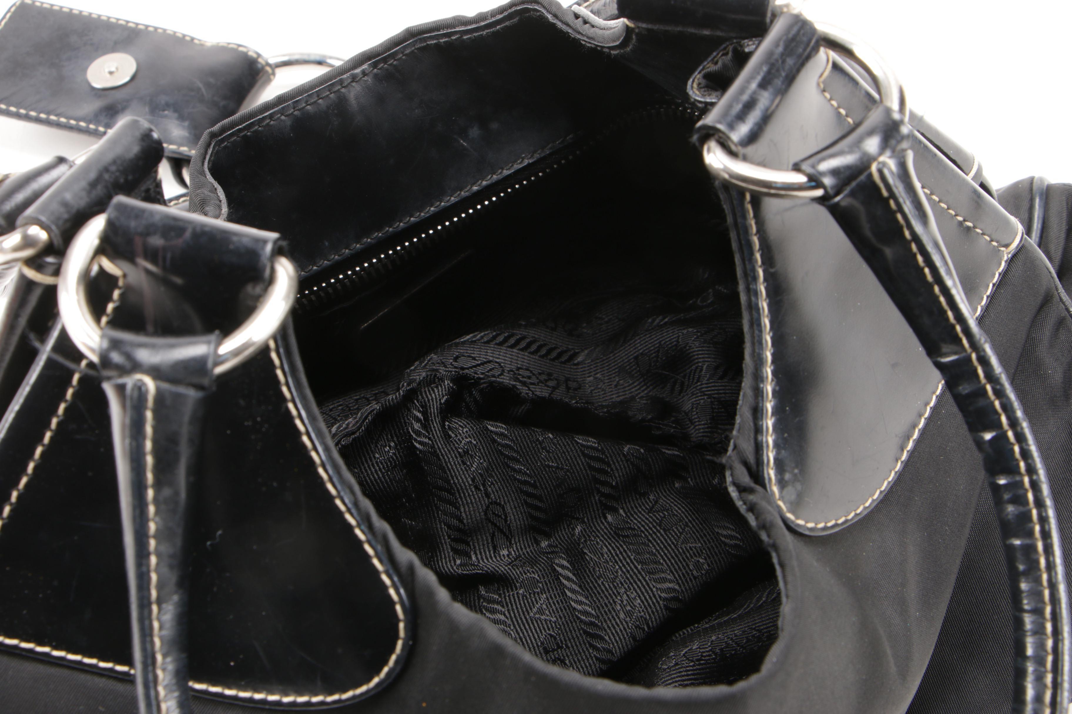 Prada Shoulder Bag in Nero Tessuto Nylon and Contrast Stitched Glazed Leather