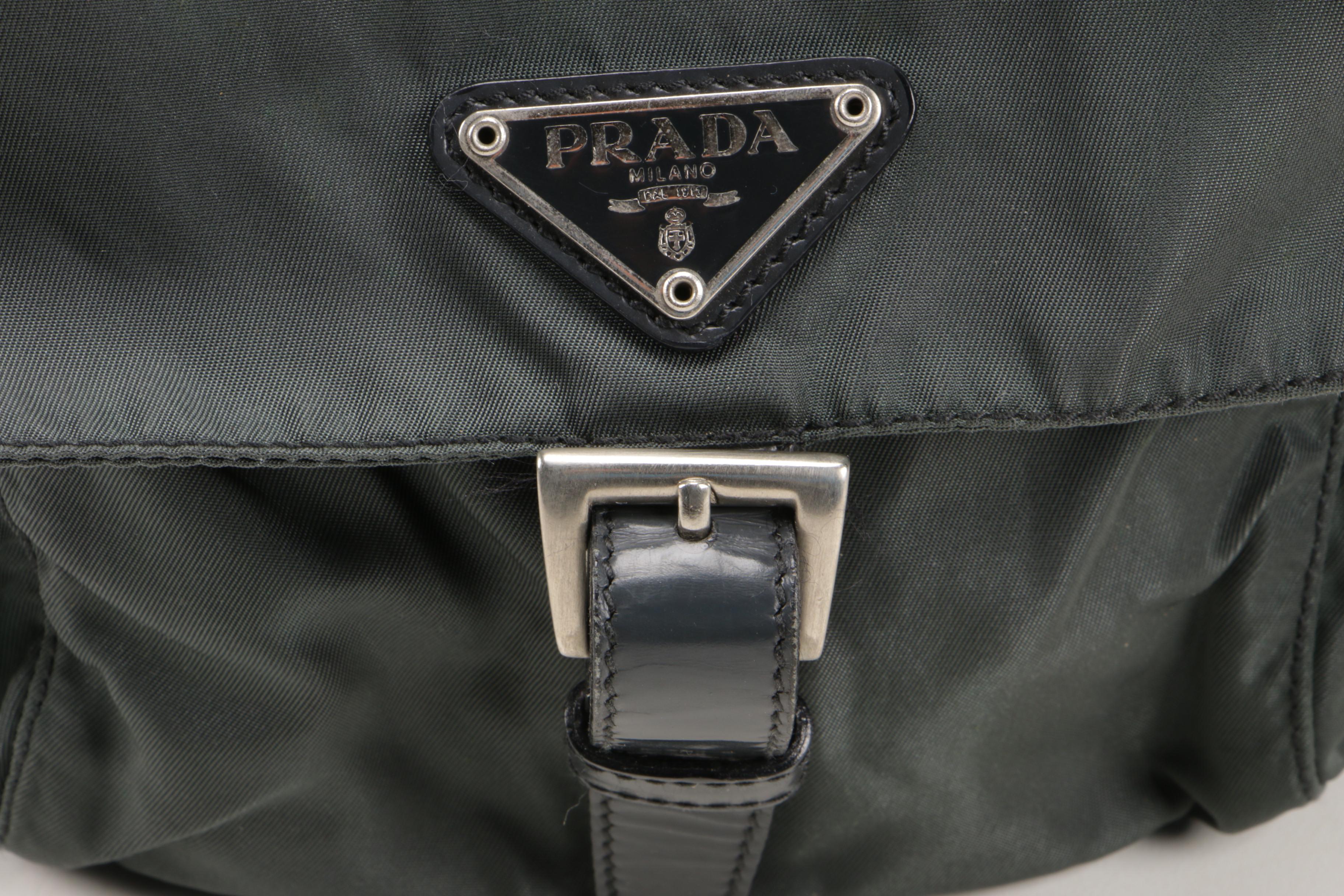 Prada Sailing Crossbody Bag in Dark Green Tessuto Nylon and Black Glazed Leather