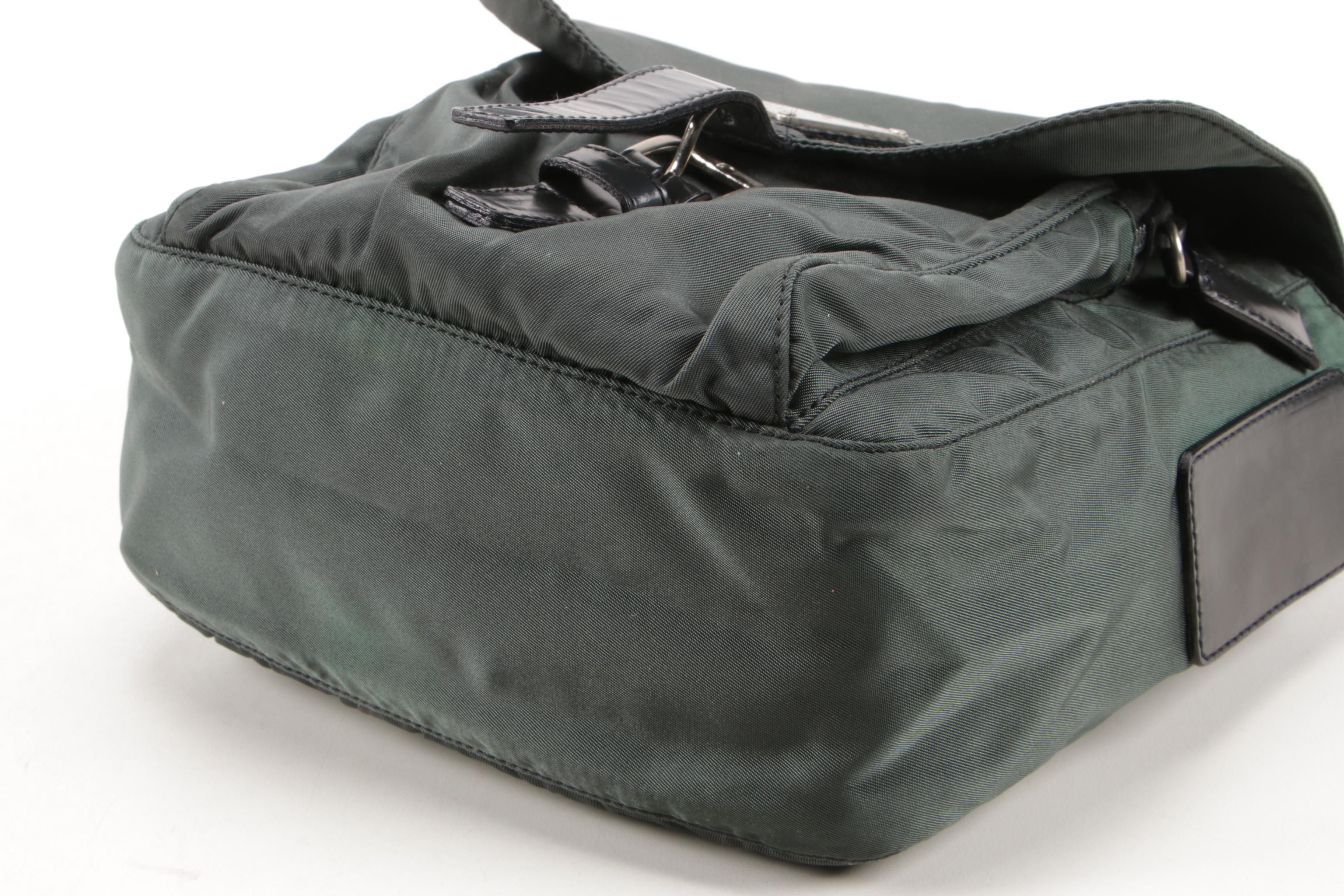 Prada Sailing Crossbody Bag in Dark Green Tessuto Nylon and Black Glazed Leather