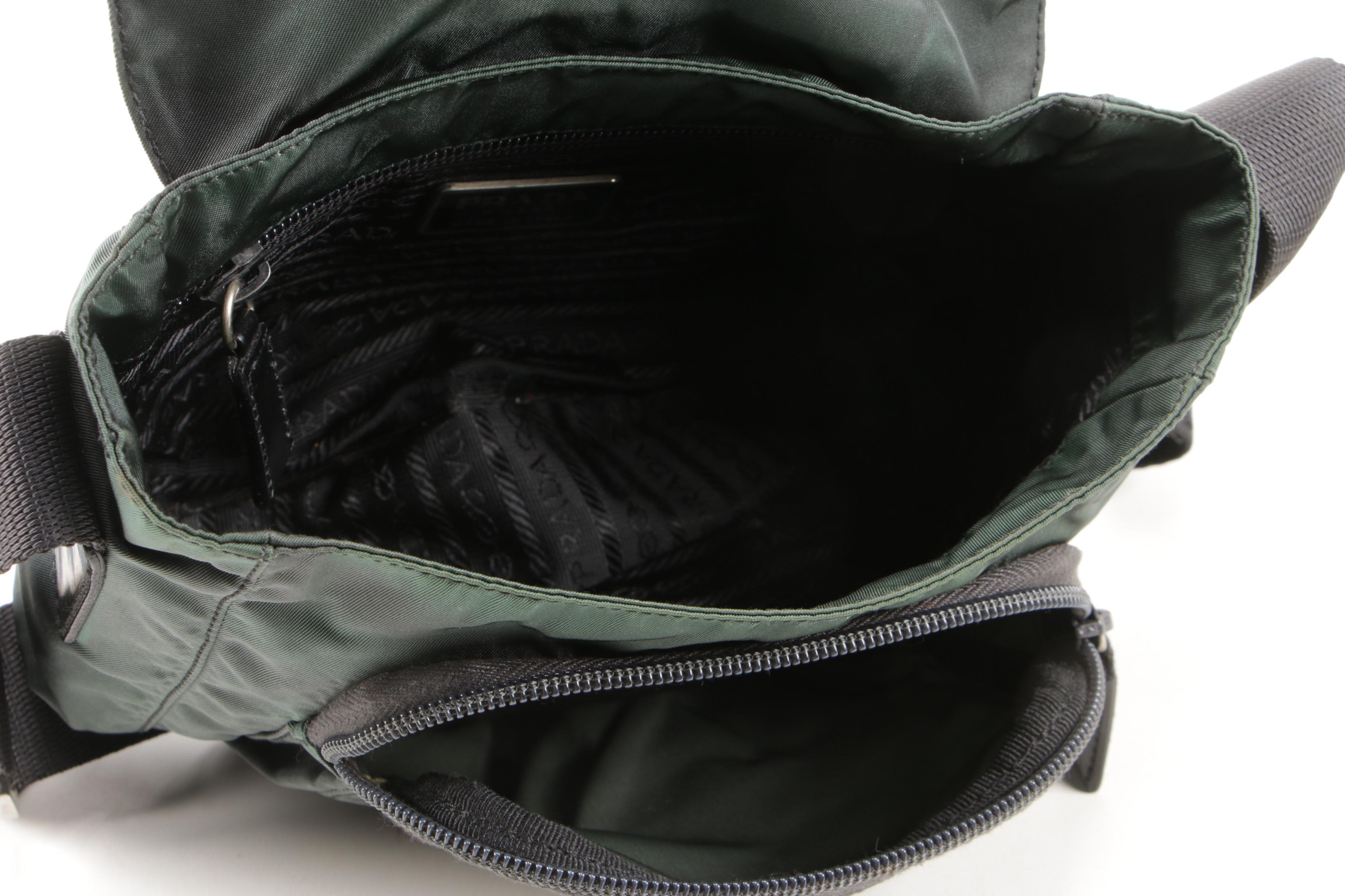 Prada Sailing Crossbody Bag in Dark Green Tessuto Nylon and Black Glazed Leather