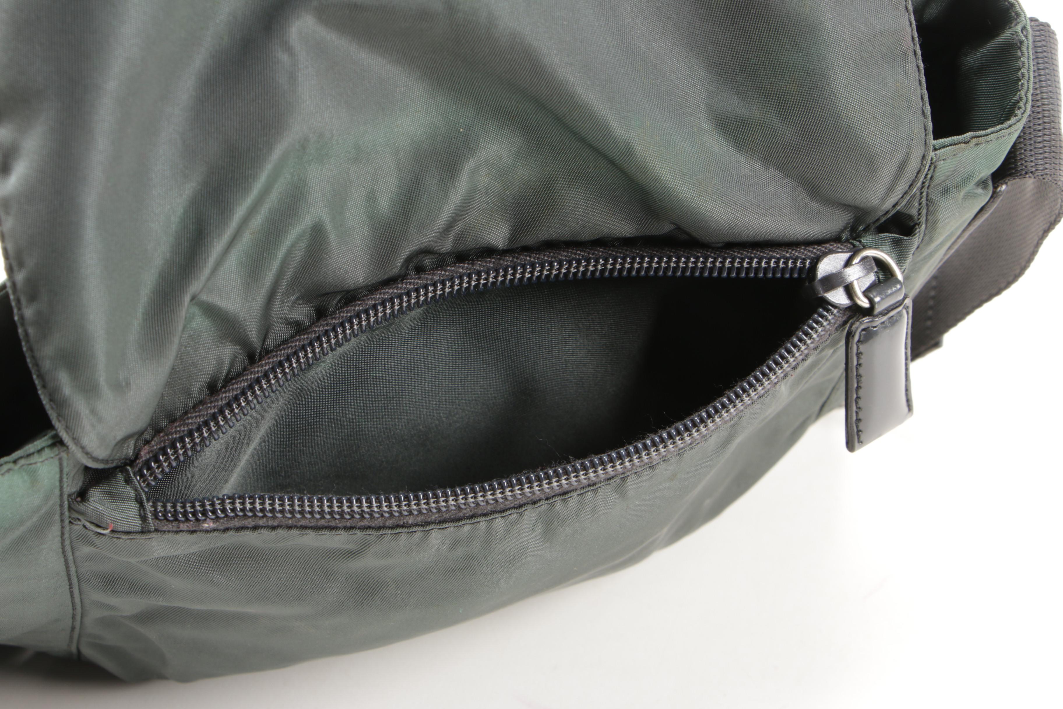 Prada Sailing Crossbody Bag in Dark Green Tessuto Nylon and Black Glazed Leather